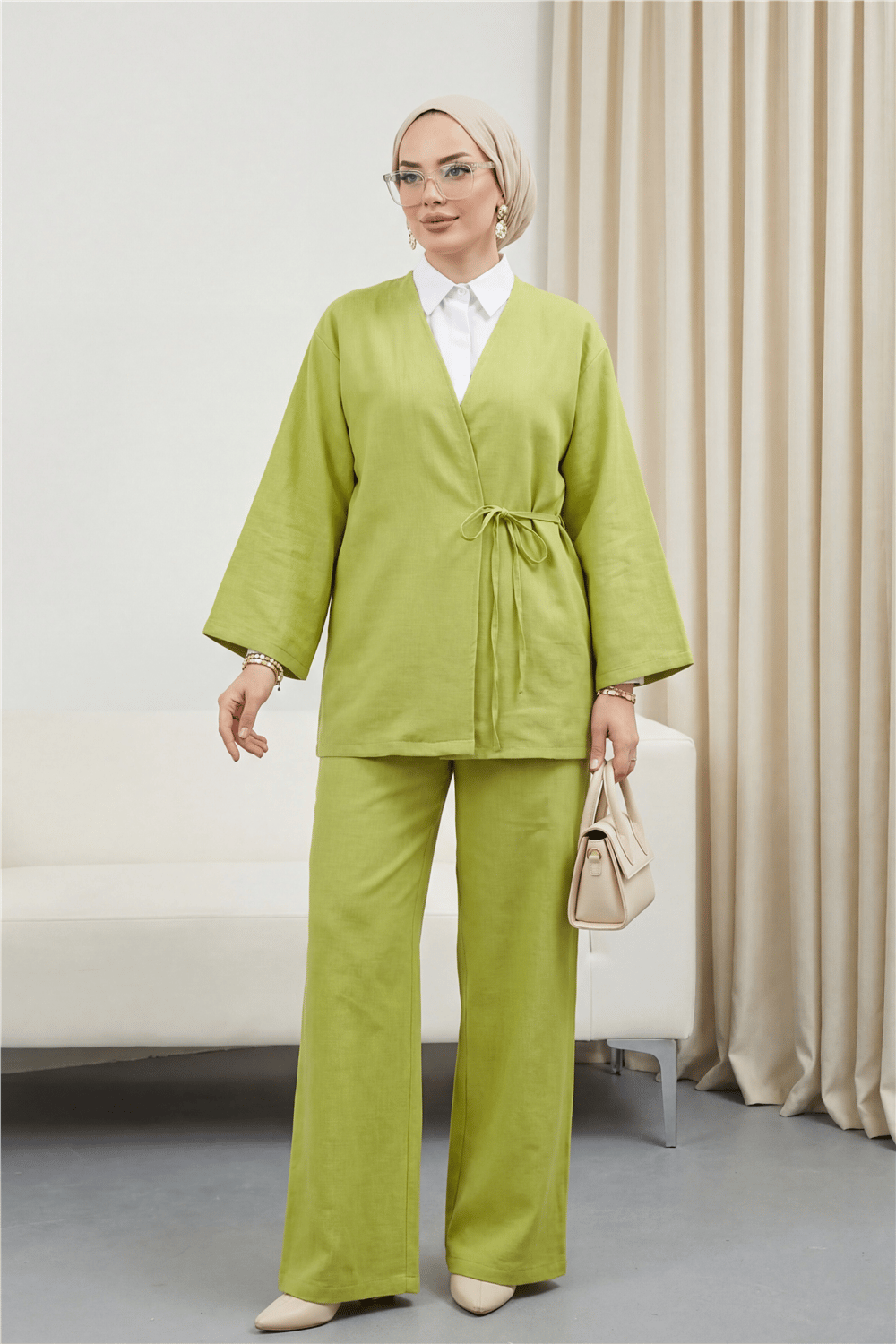 Önden Bağlamalı Pantolonlu Kimono Takım -Yağ Yeşili-Takım-223-3000-R72