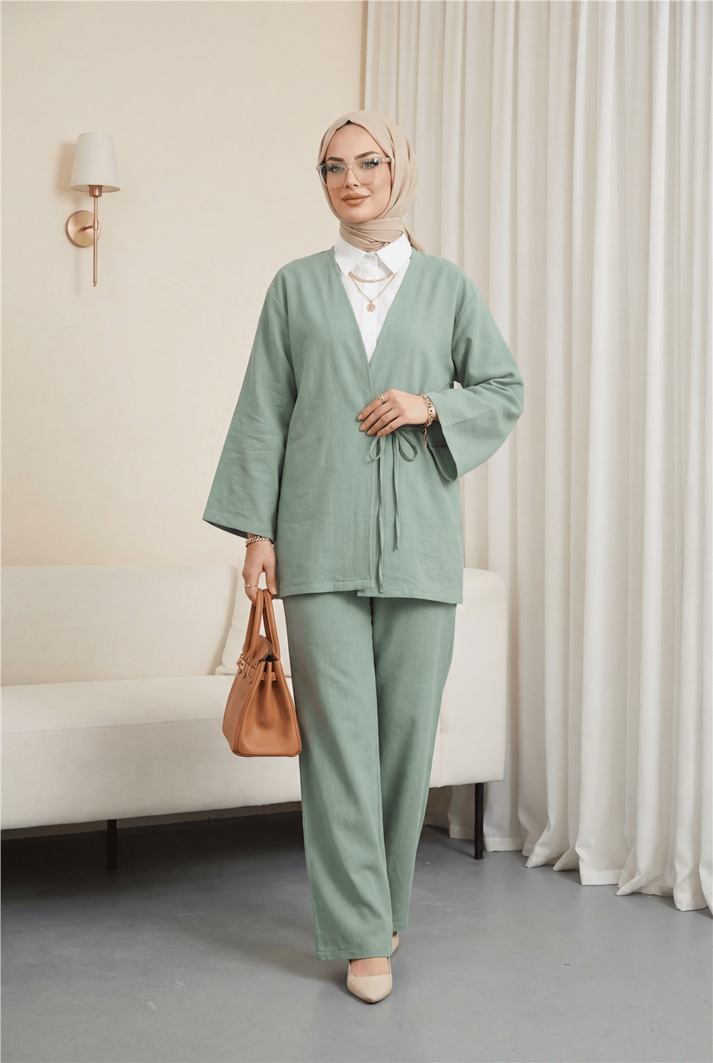 Önden Bağlamalı Pantolonlu Kimono Takım       -Su Yeşili-Takım-223-3000-R36