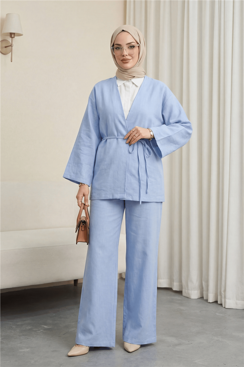 Önden Bağlamalı Pantolonlu Kimono Takım   -Bebe Mavi-Takım-223-3000-R32