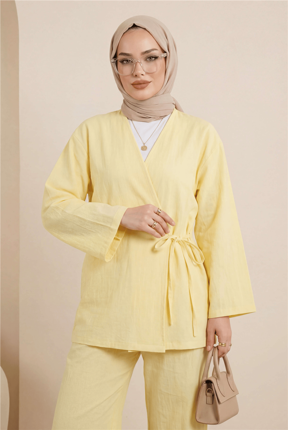 Önden Bağlamalı Pantolonlu Kimono Takım         -Açık Sarı-Takım-223-3000-R75