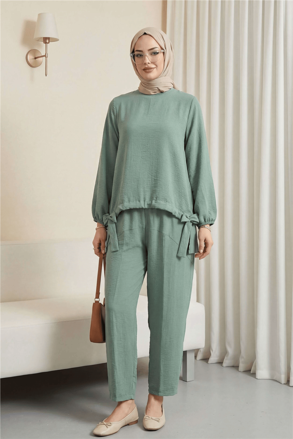 Önden Büzmeli Şalvar Pantolon Ayrobin Salaş Takım -Çağla Y.-Outlet Kadın Giyim-349-5033-R70