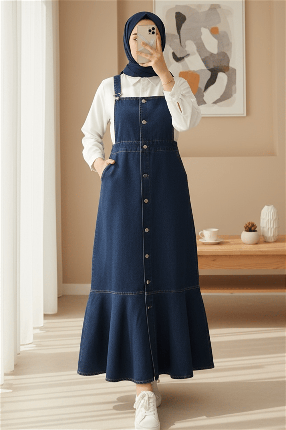Önden Düğmeli Yan Cepli Eteği Fırfırlı Kot Jile  -Laci-Açık Elbise-197-563-R03