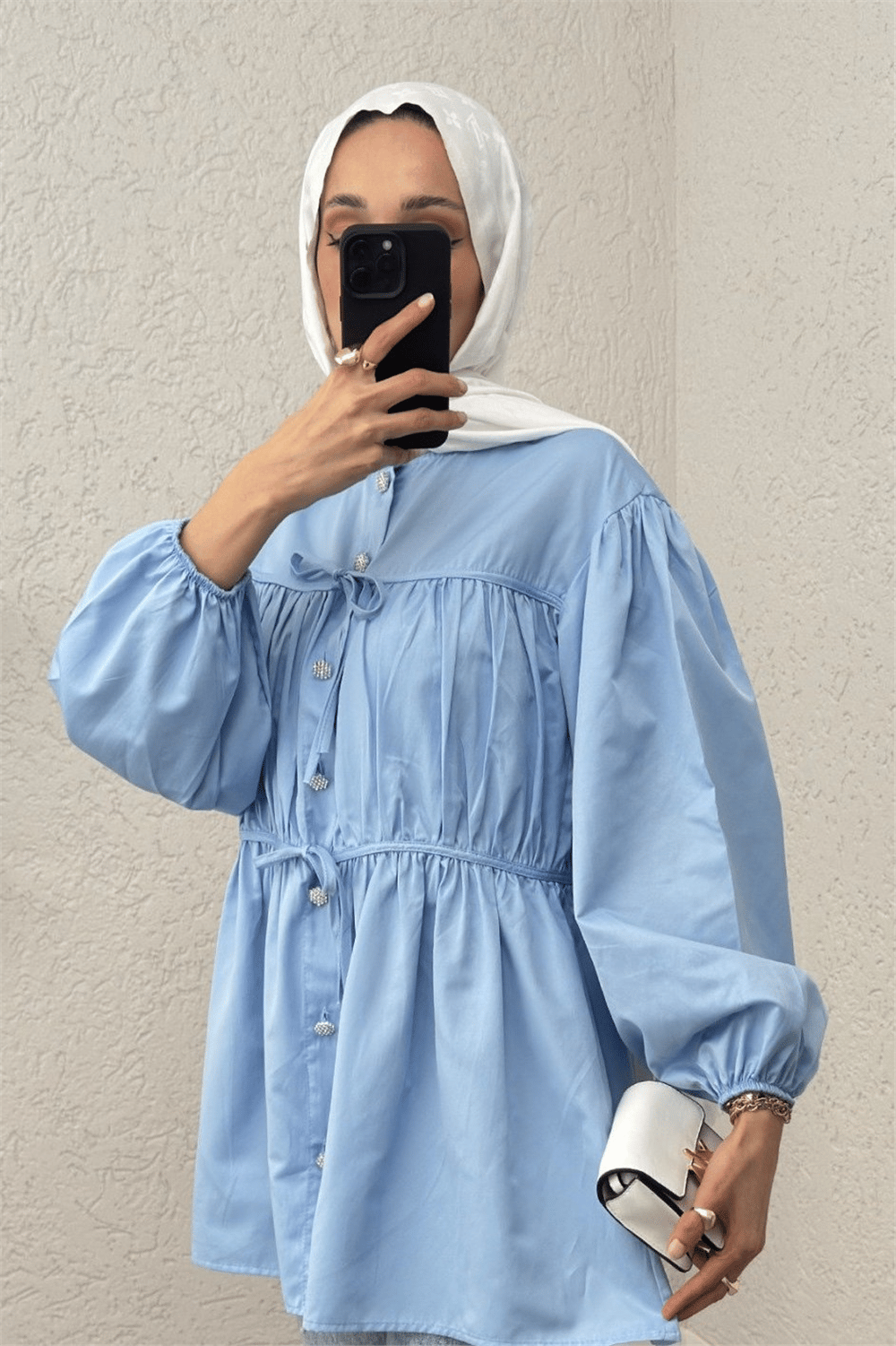 Önü Bağcık Detaylı Boydan Düğmeli Gömlek Tunik -Bebe Mavi-Gömlek-307-2252-R32