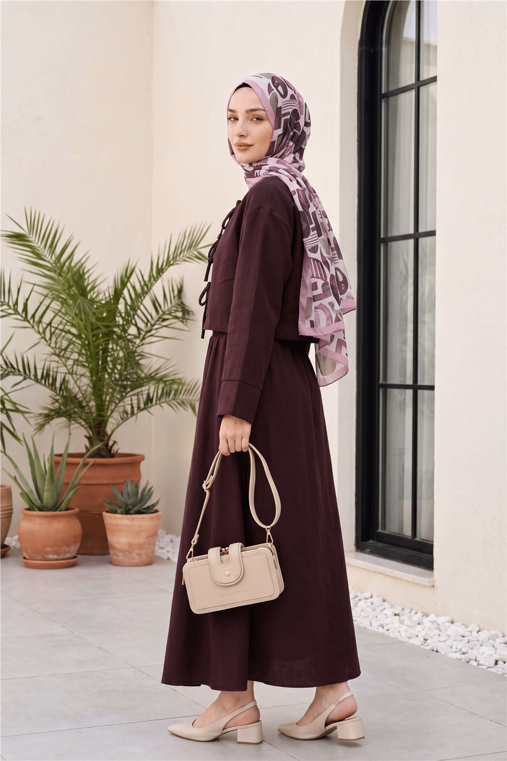 Önü Bağcıklı Beli Lastikli Etekli Keten Takım         -Koyu Mor-Takım-346-30421-R80