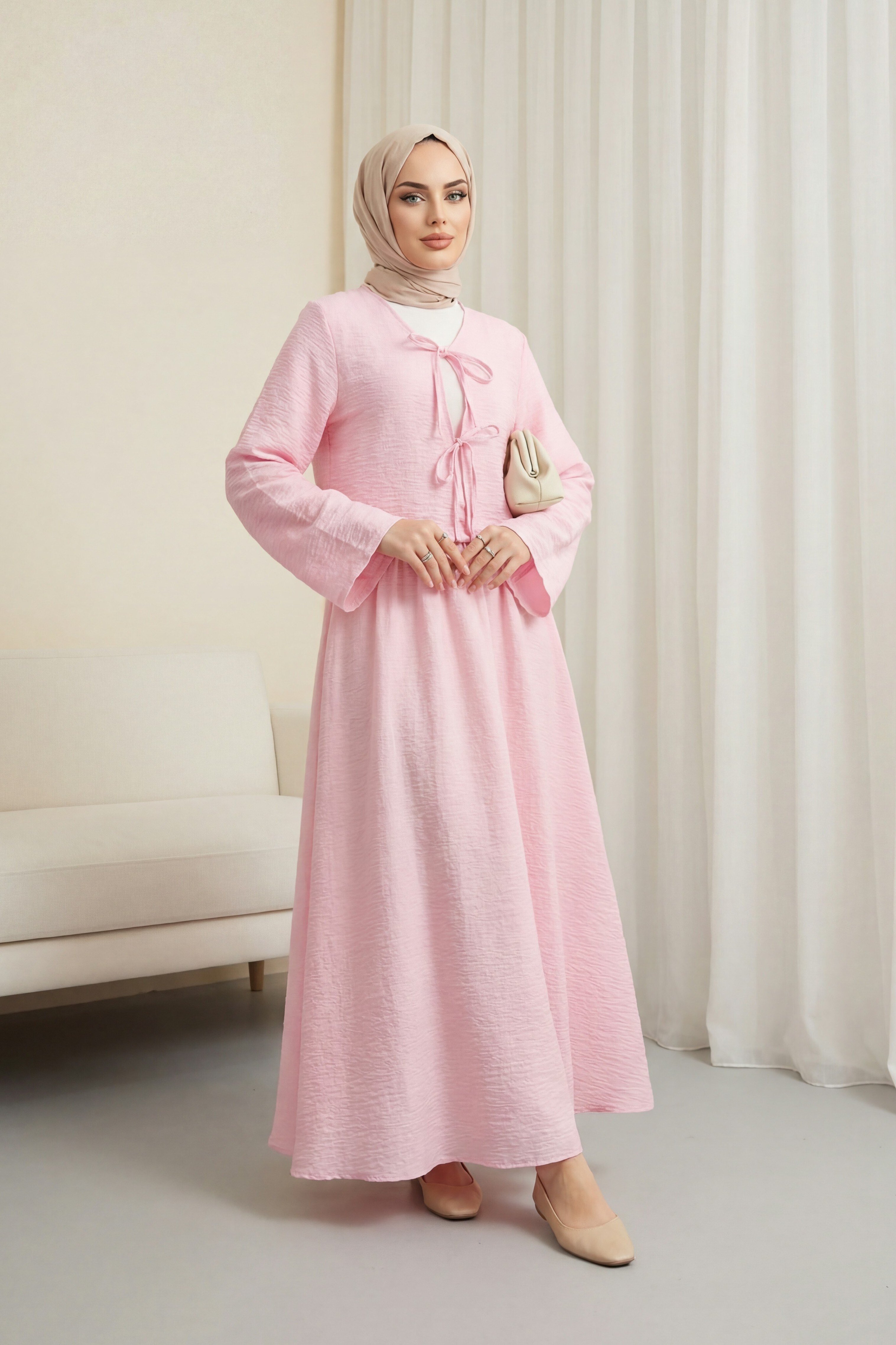 Önü Bağcıklı Eteği Astarlı Bürümcük Kimono Takım -Pembe