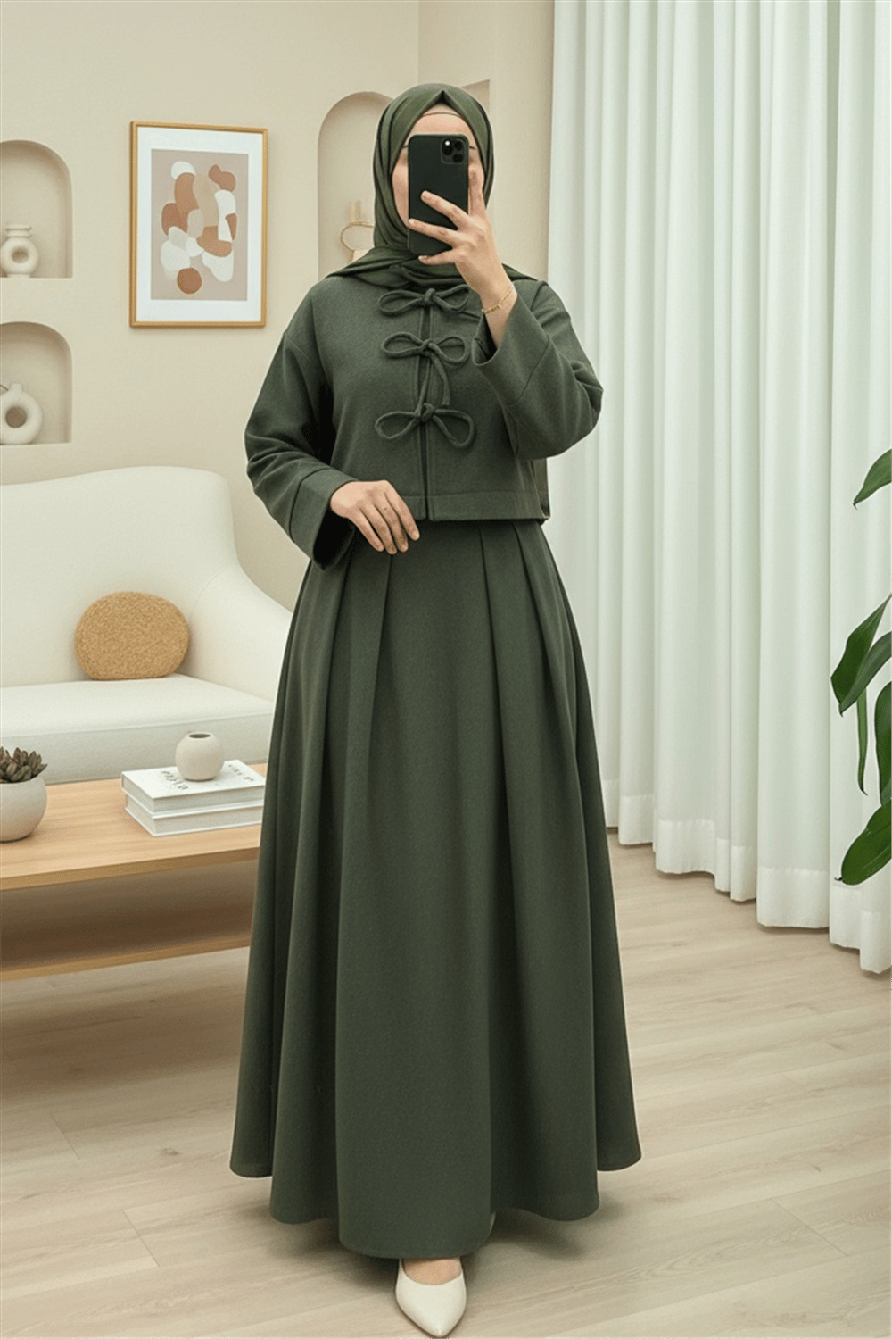 Önü Bağcıklı Etekli Kaşe Takım -Haki-Takım-346-3079-R05