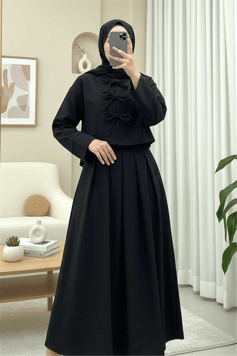 Önü Bağcıklı Etekli Kaşe Takım  -Siyah-Takım-346-3079-R01