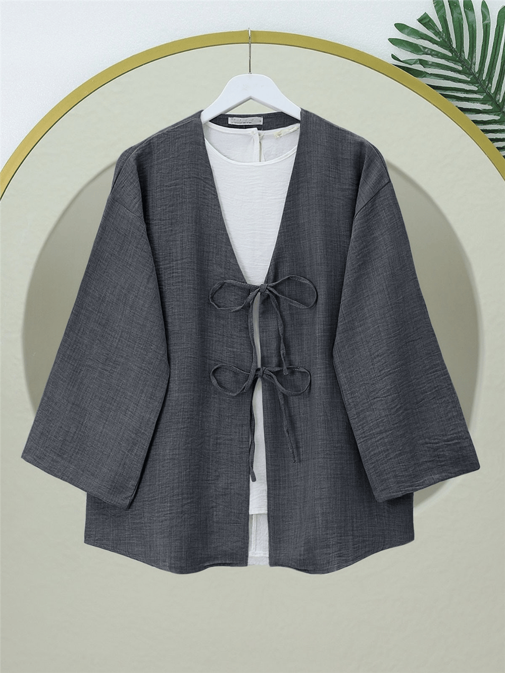 Önü Bağcıklı Keten Kimono   -Antrasit-Kimono&Kaftan-346-3062-R64
