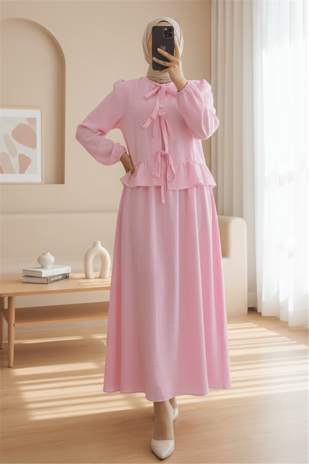 Önü Bağcıklı Kolu Lastikli Etekli Takım  -Pembe-Takım-111-40659-R20