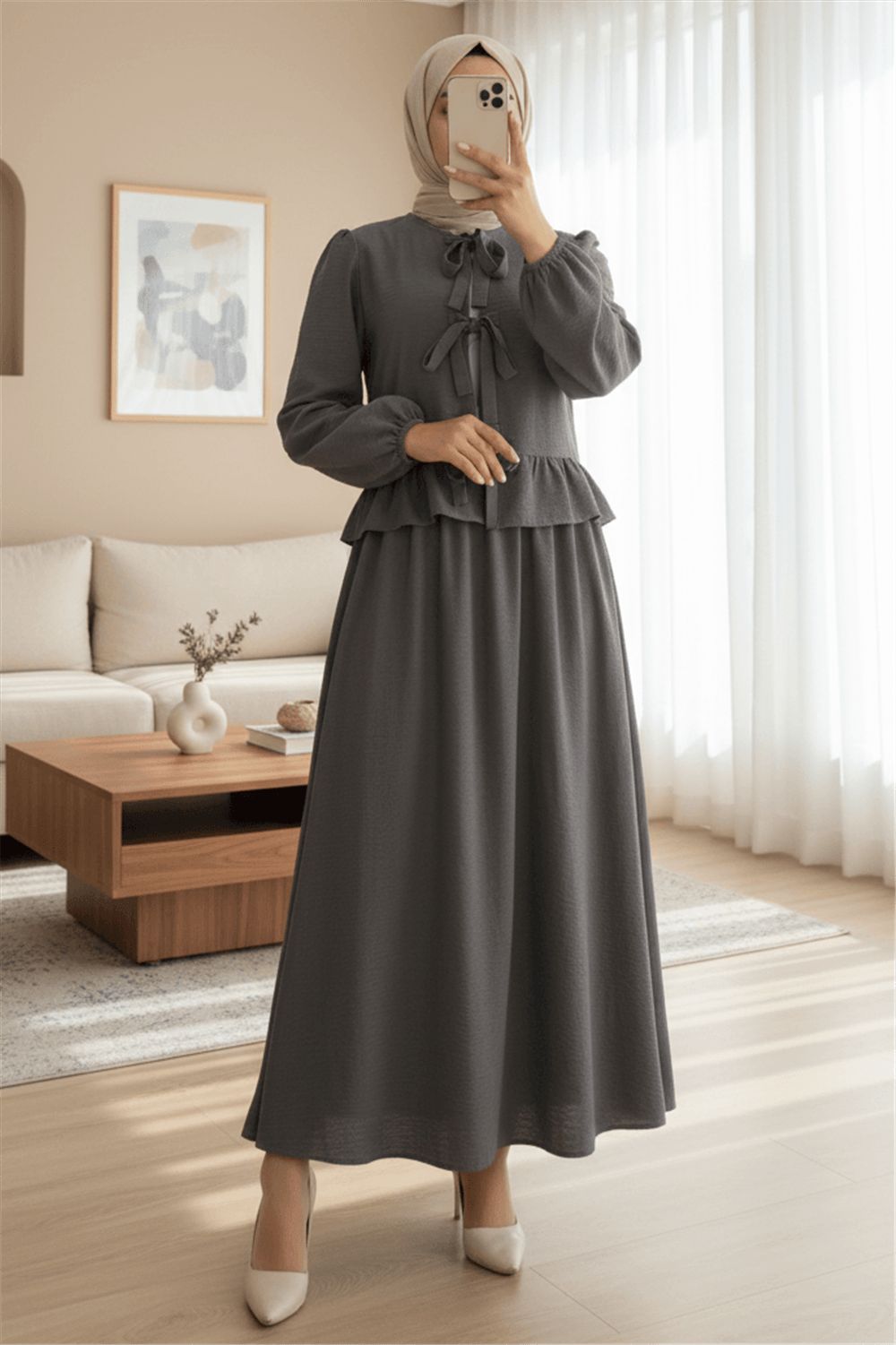 Önü Bağcıklı Kolu Lastikli Etekli Takım -Füme-Takım-111-40659-R18