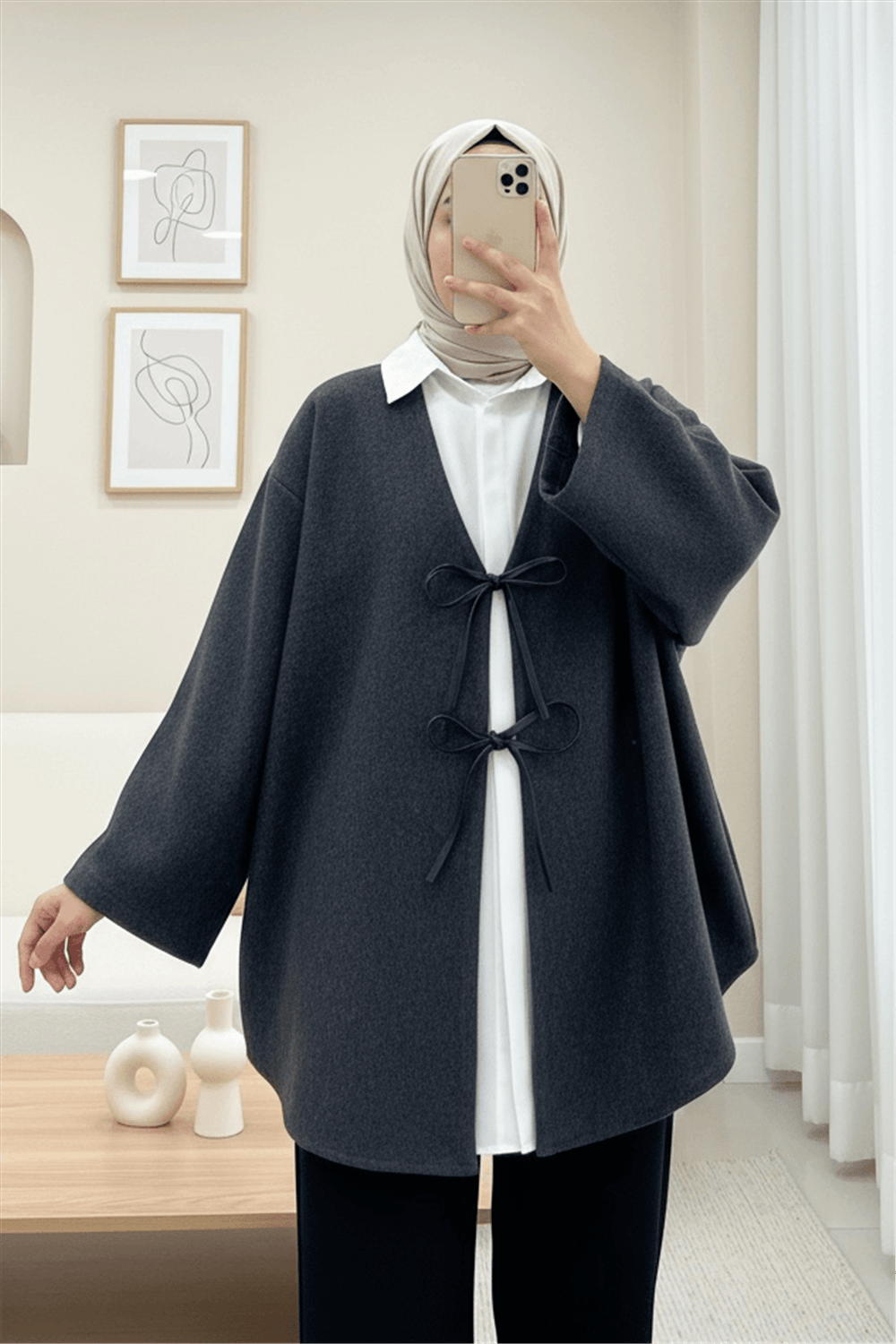 Önü Bağcıklı Oval Kesim Kaşe Kimono     -Antrasit-Ceket-346-3047-R64