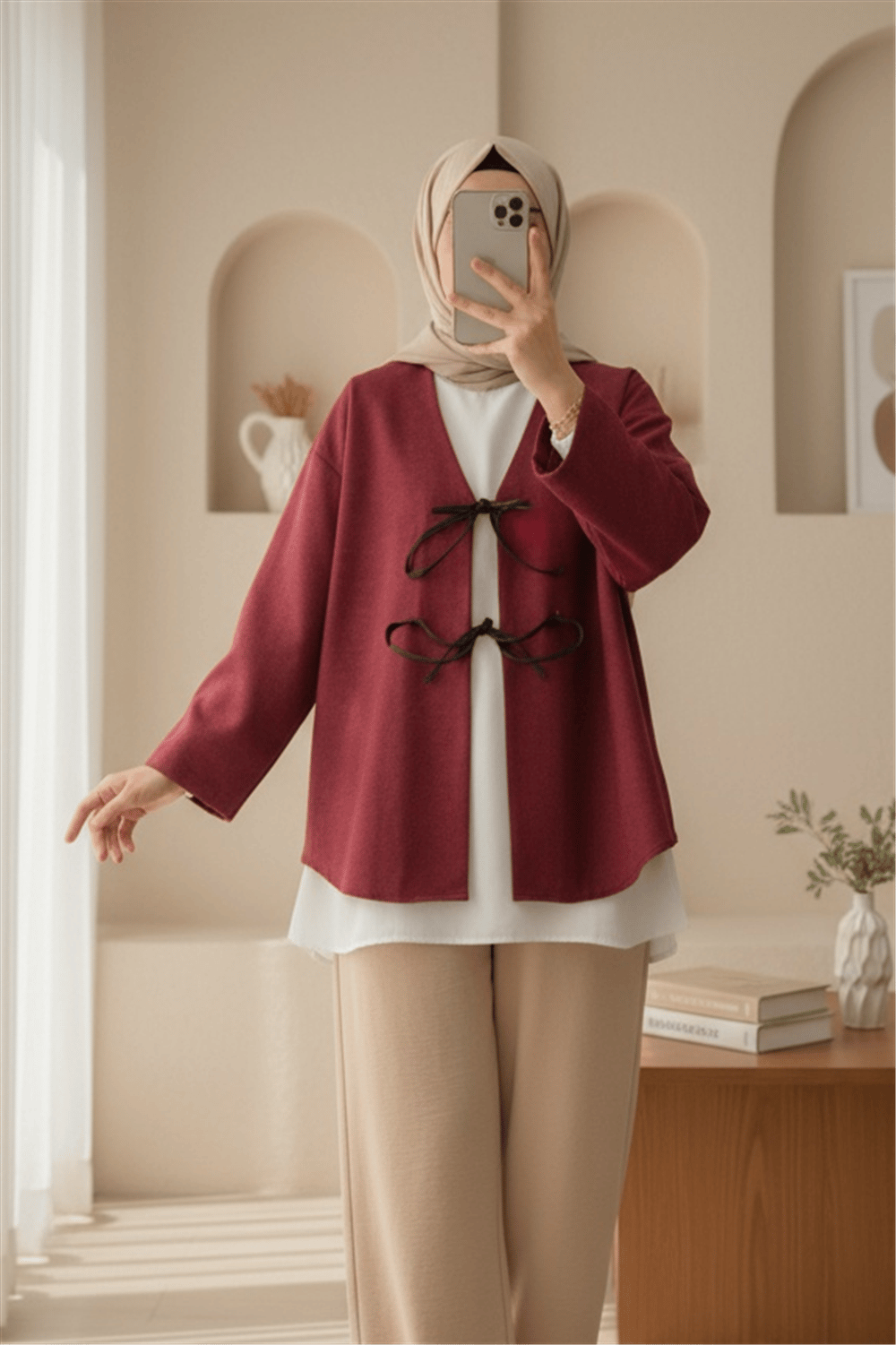 Önü Bağcıklı Oval Kesim Kaşe Kimono   -Bordo-Kimono&Kaftan-346-3047-R04