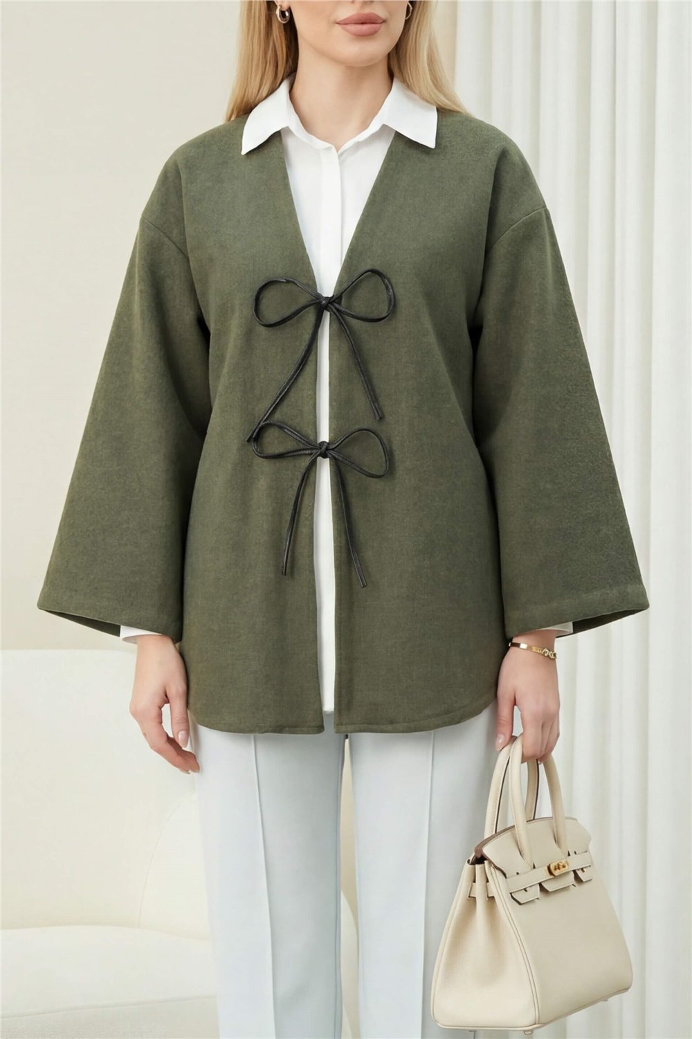 Önü Bağcıklı Oval Kesim Kaşe Kimono     -Haki-Ceket-346-3047-R05