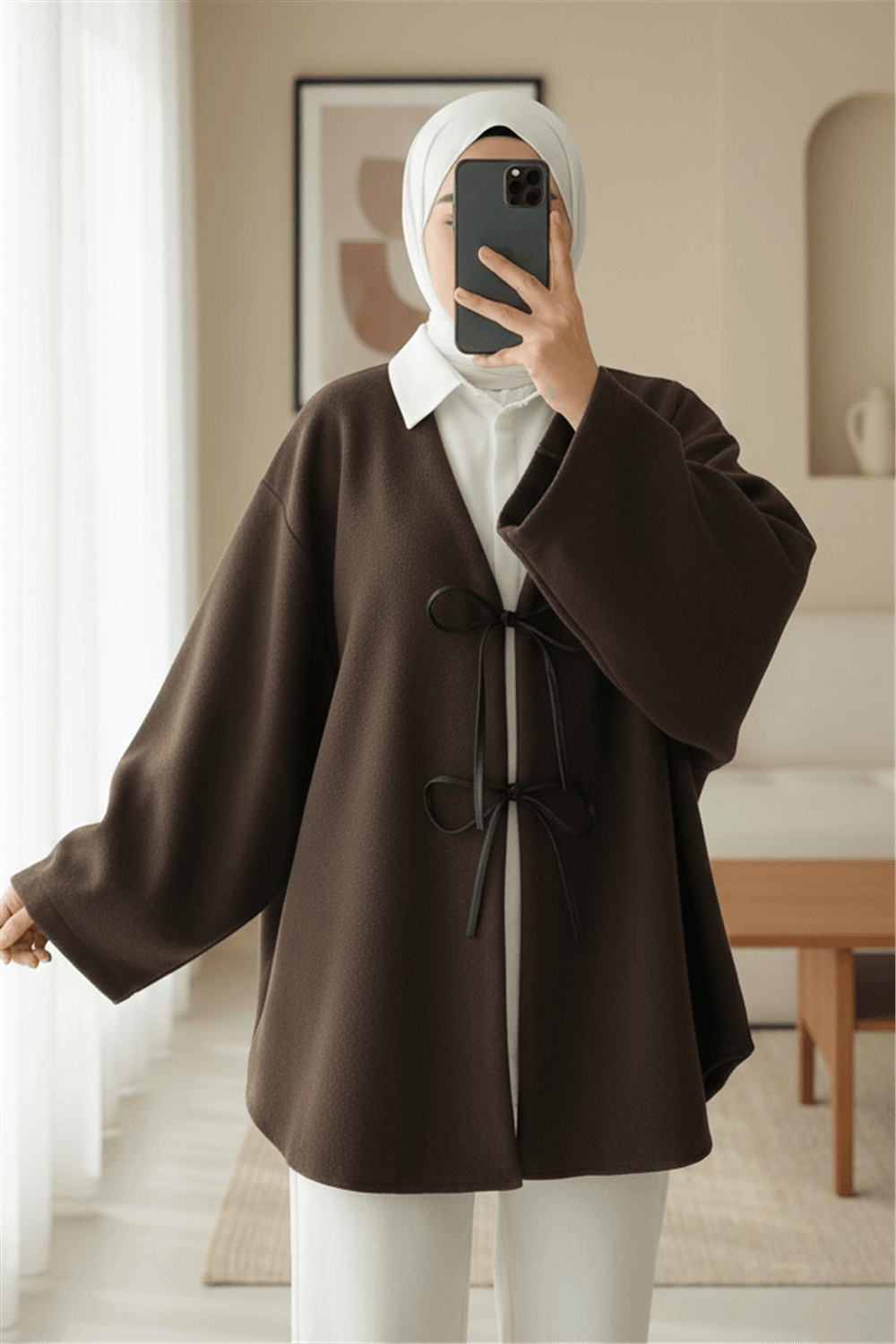 Önü Bağcıklı Oval Kesim Kaşe Kimono     -Kahve-Ceket-346-3047-R15