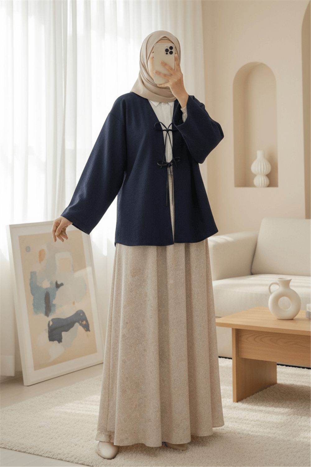 Önü Bağcıklı Oval Kesim Kaşe Kimono  -Laci-Kimono&Kaftan-346-3047-R03