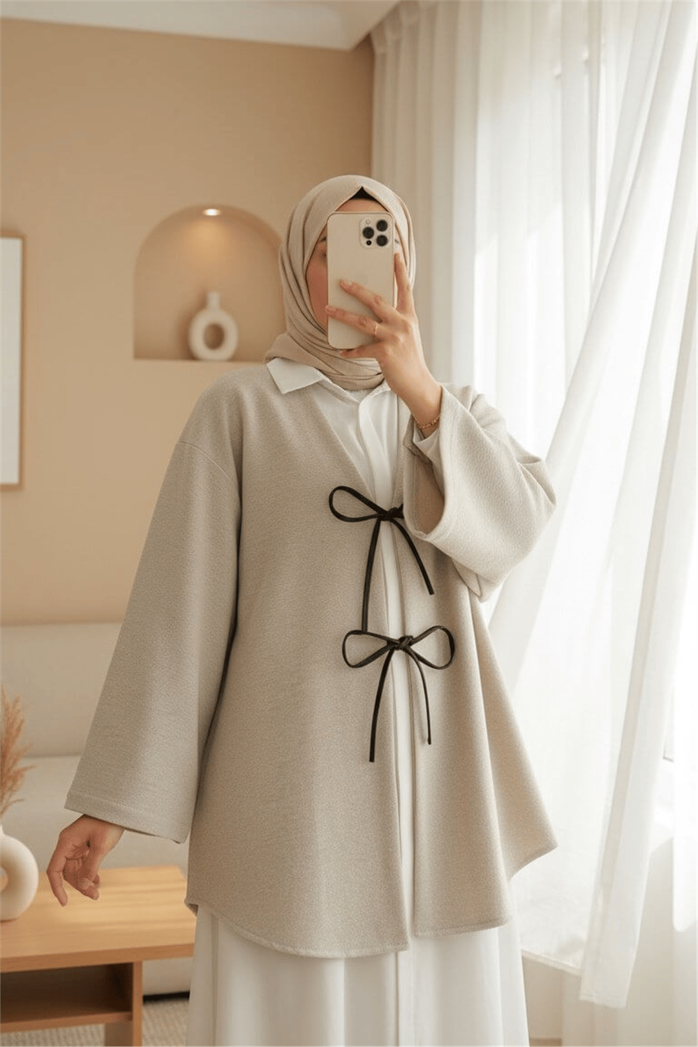 Önü Bağcıklı Oval Kesim Kaşe Kimono     -Taş-Ceket-346-3047-R43