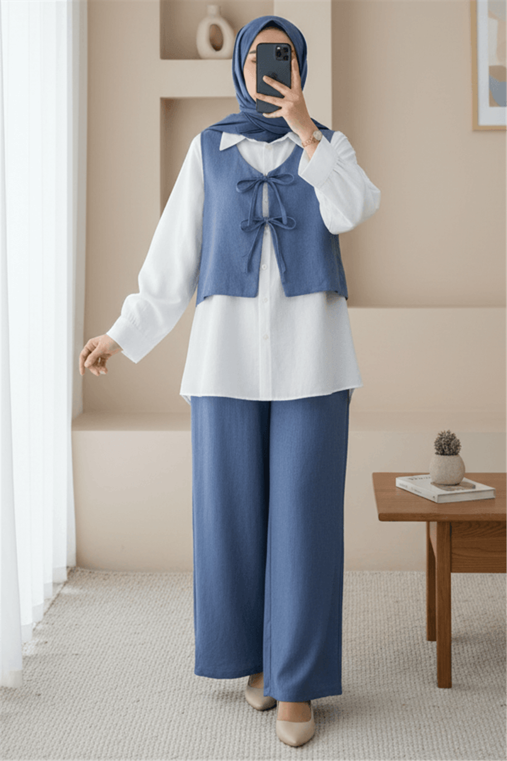 Önü Bağcıklı Pantolon Yelek İkili Keten Takım -İndigo-Takım-349-7028-R21