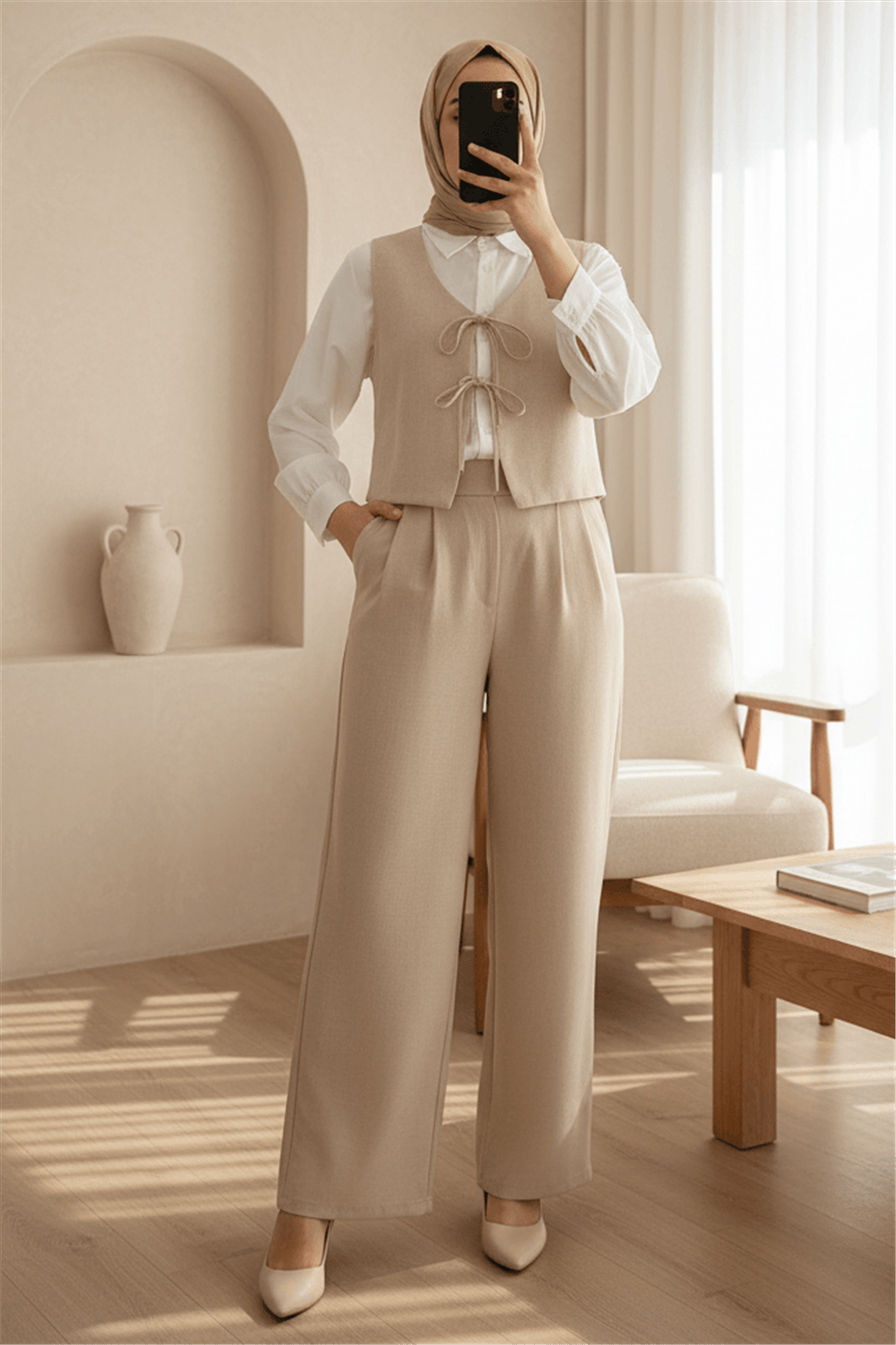 Önü Bağcıklı Pantolon Yelek İkili Keten Takım -Vizon-Takım-349-7028-R23