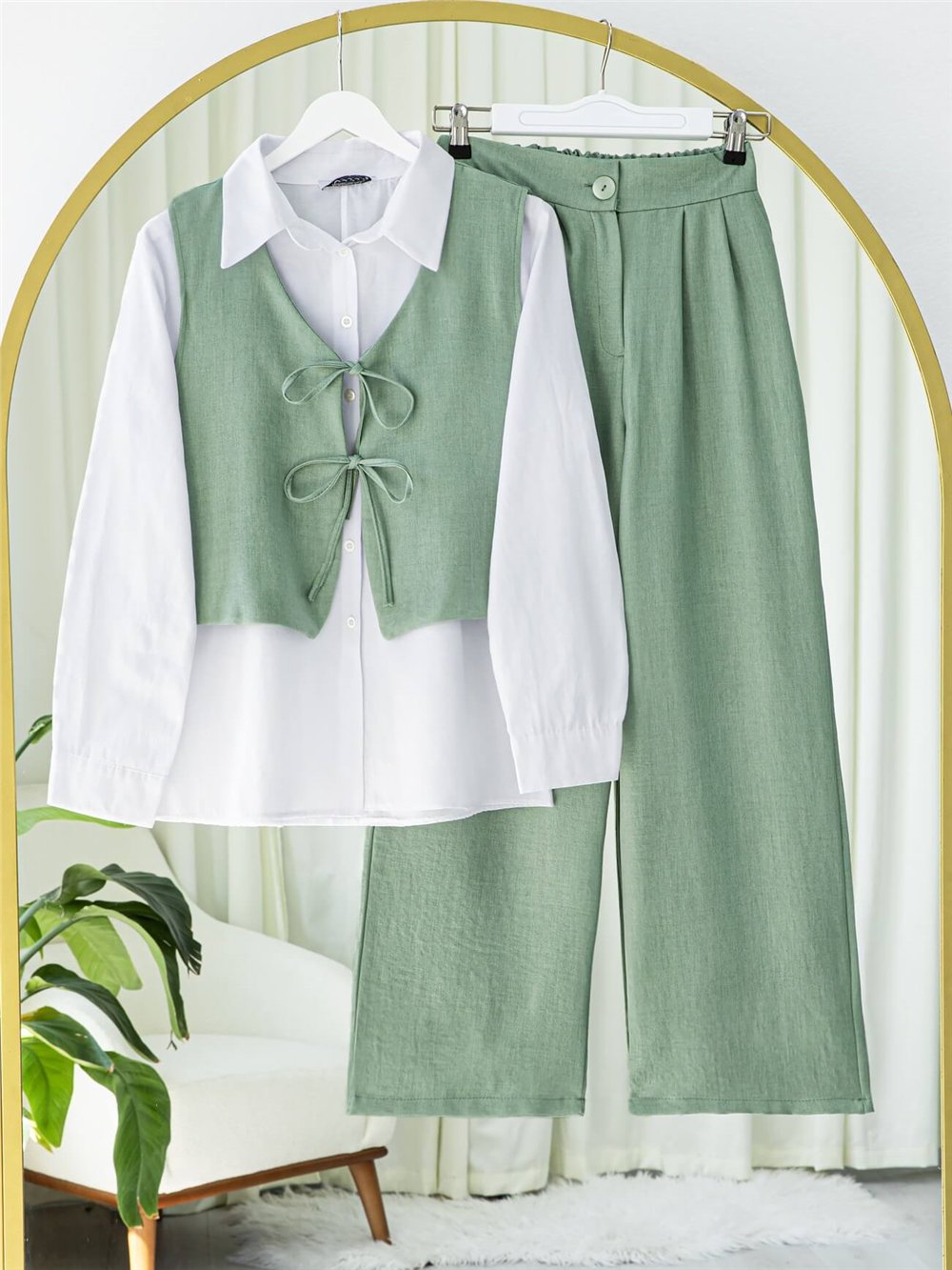 Önü Bağcıklı Pantolon Yelek İkili Keten Takım -Mint-Takım-349-7028-R24