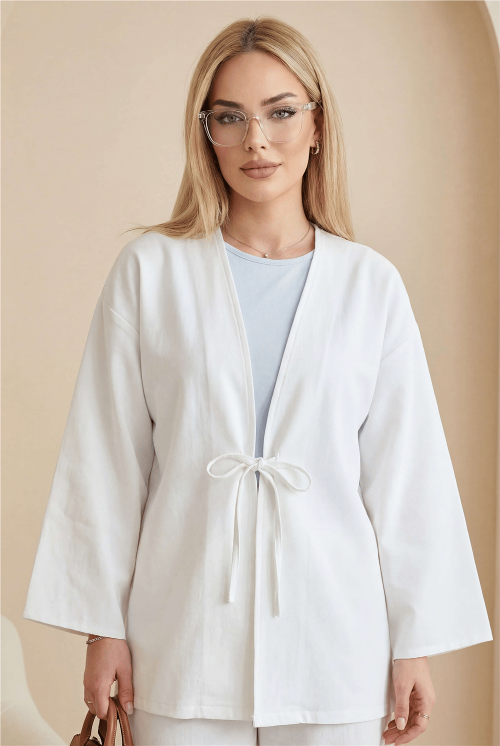 Önü Bağcıklı Poplin Kimono -Beyaz-Kimono&Kaftan-253-13051-R02