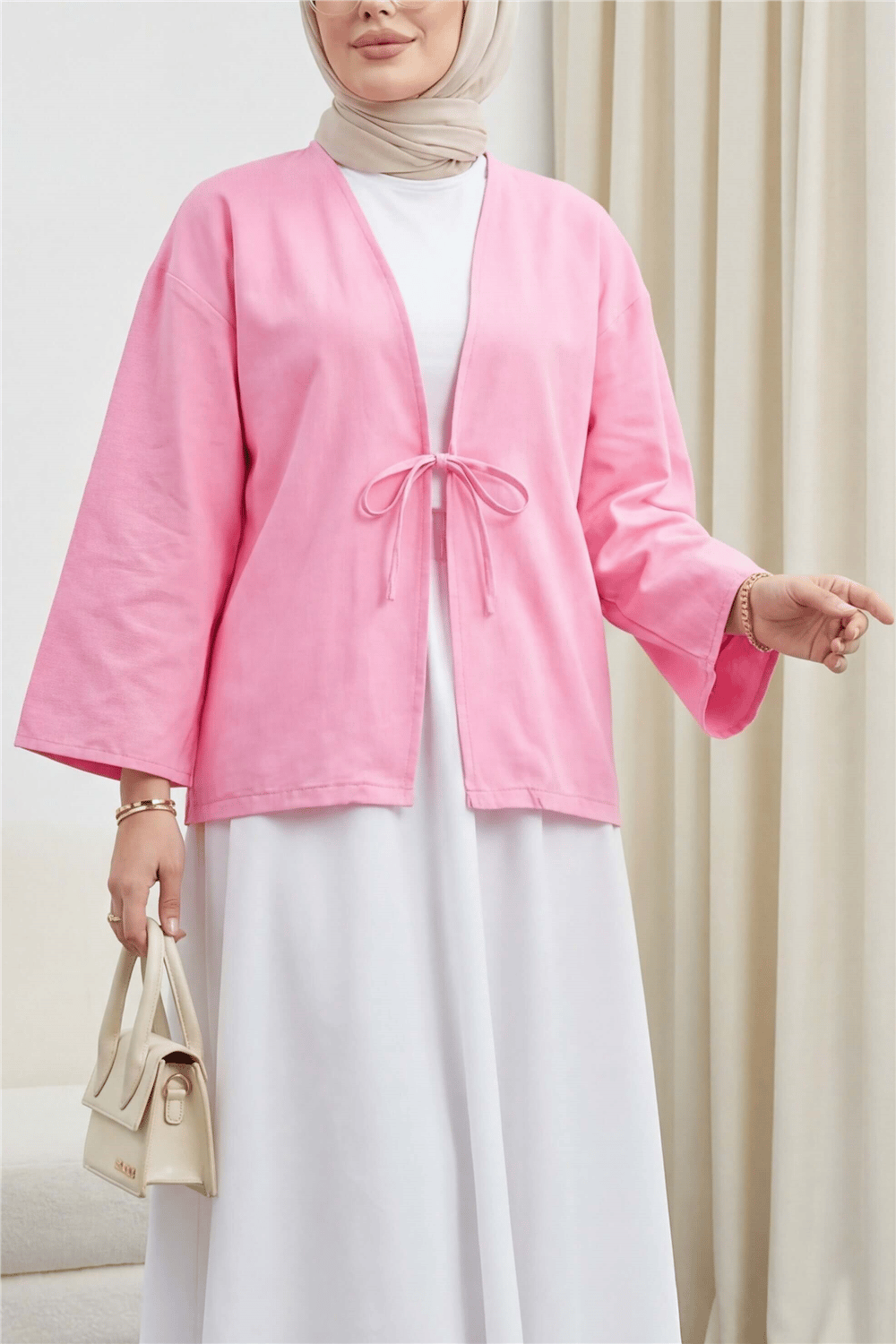 Önü Bağcıklı Poplin Kimono -Pembe-Kimono&Kaftan-253-13051-R20