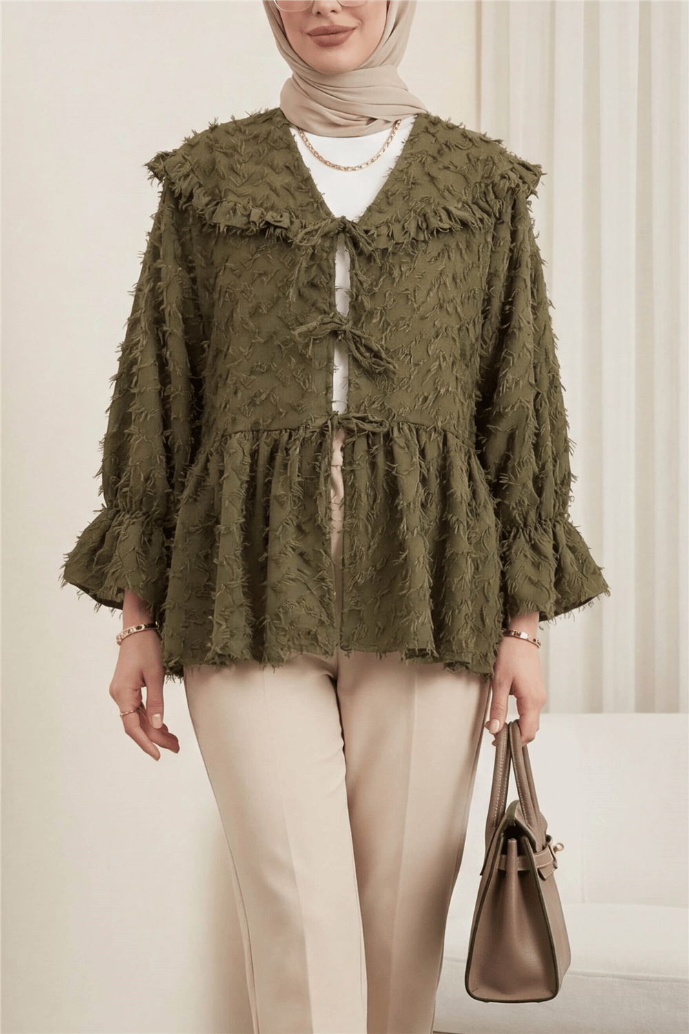 Önü Bağcıklı Tüylü Dokulu Clip Jakar Kimono -Haki-Kimono & Kaftan-398-44024-R05