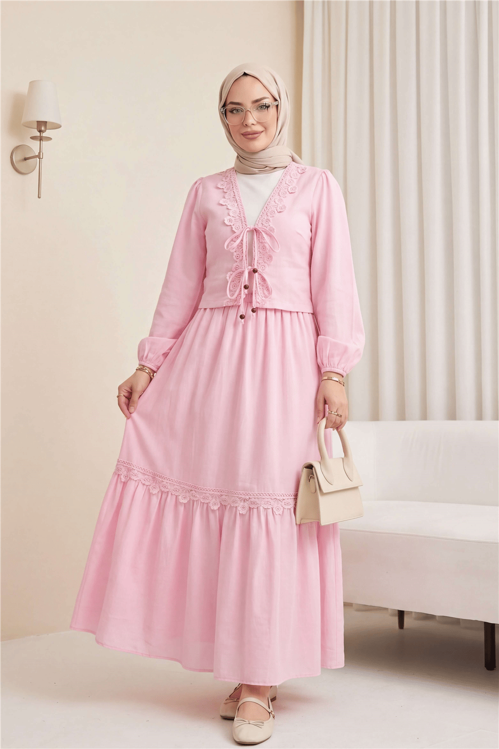 Önü Bağlamalı Dantel Detaylı Eteği Astarlı Keten Takım   -Pembe-Takım-431-263147-R20
