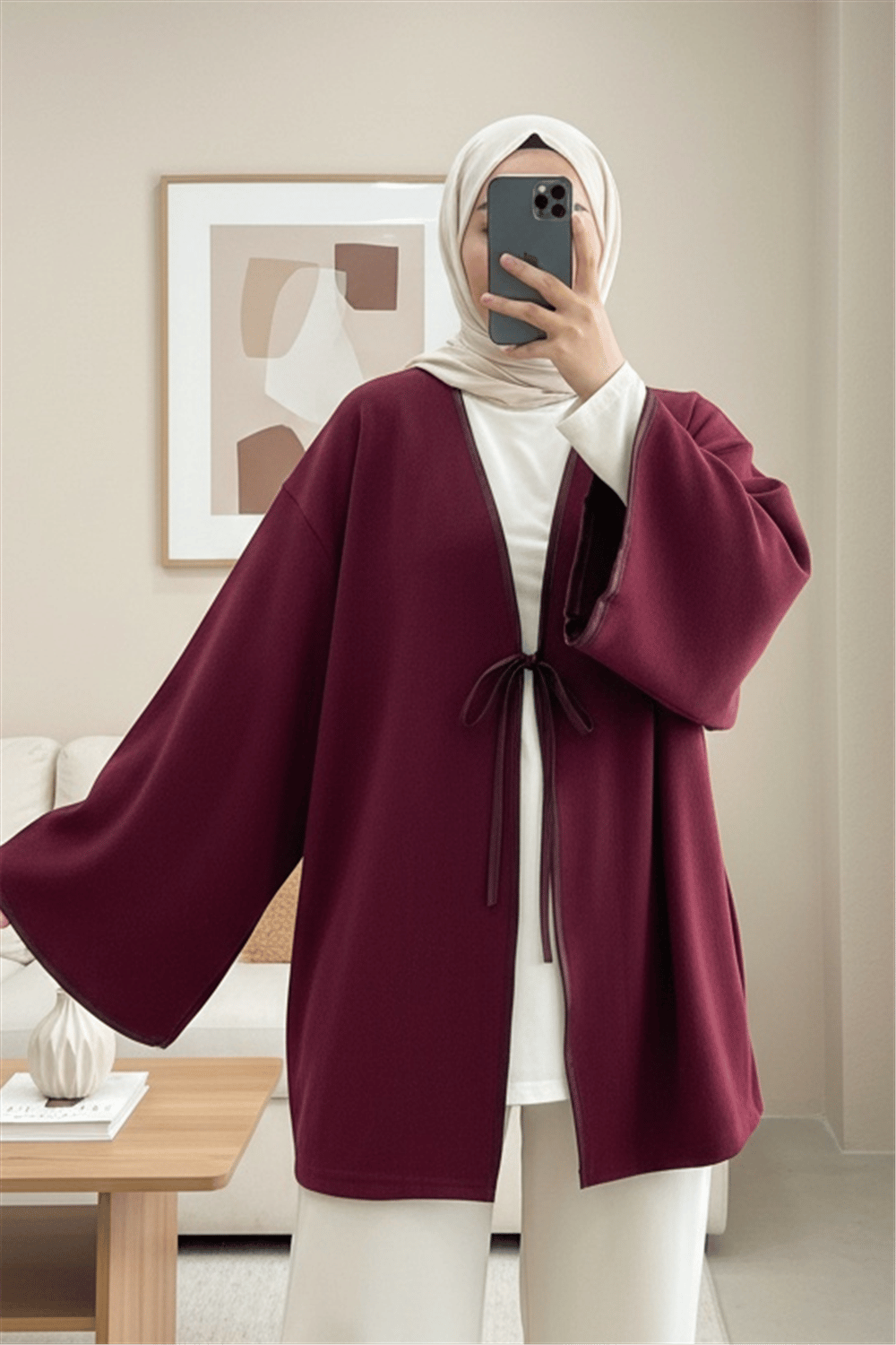 Önü Bağlamalı Deri Detaylı Salaş Kimono  -Bordo-Kimono & Kaftan-253-13091-R04