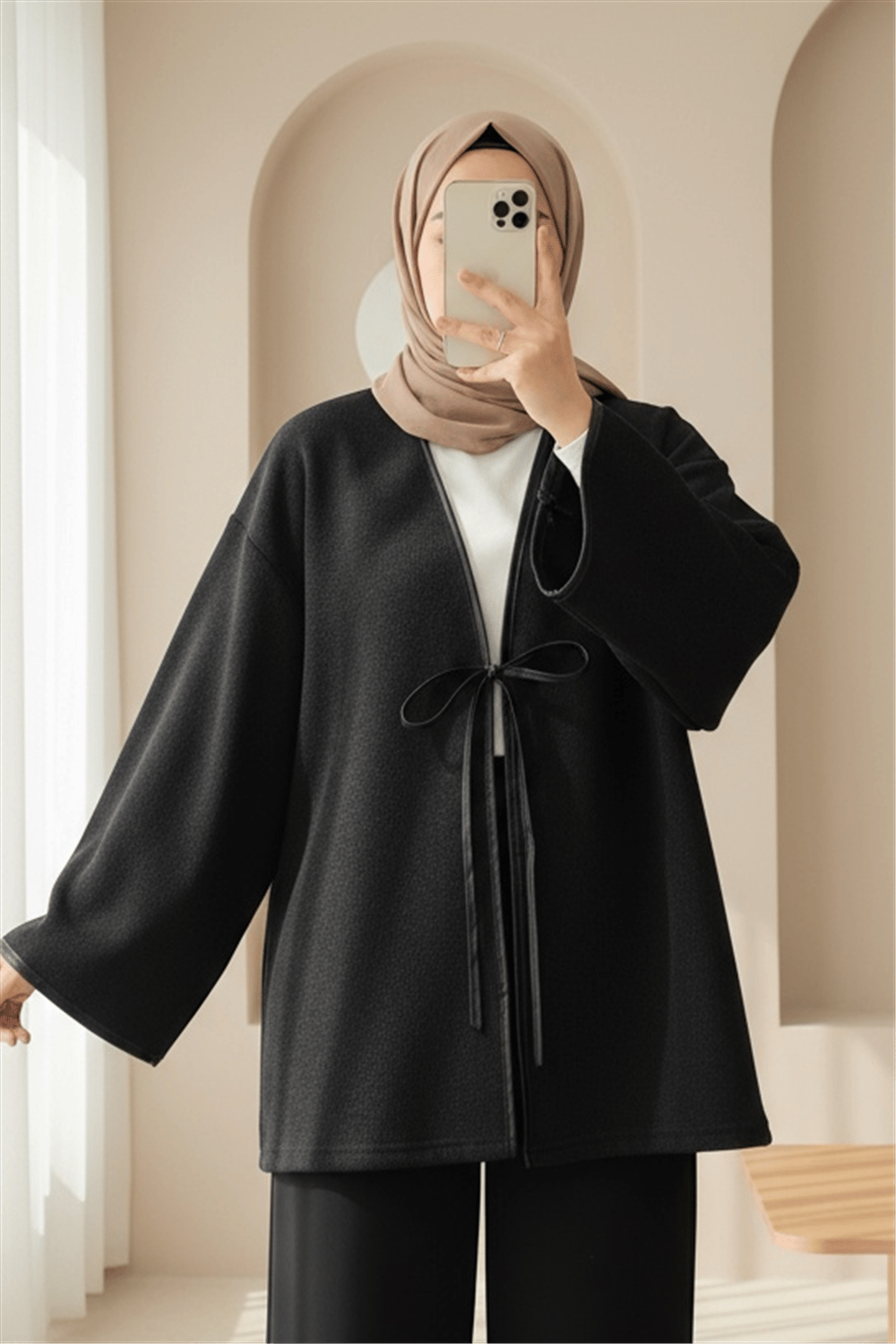 Önü Bağlamalı Deri Detaylı Salaş Kimono  -Siyah-Kimono & Kaftan-253-13091-R01