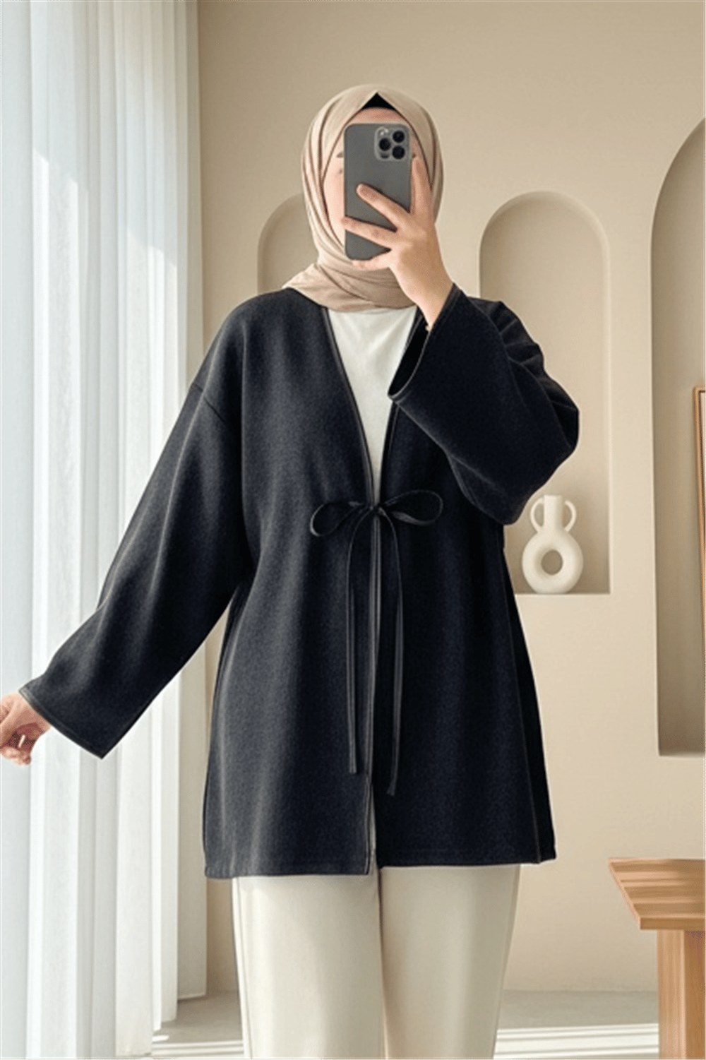 Önü Bağlamalı Deri Detaylı Salaş Kimono  -Antrasit-Kimono & Kaftan-253-13091-R64