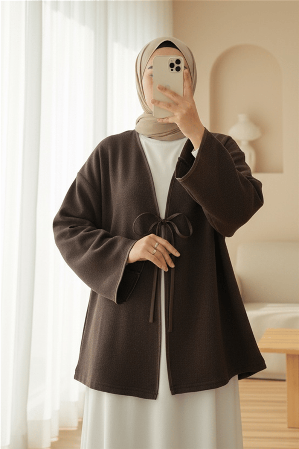 Önü Bağlamalı Deri Detaylı Salaş Kimono  -Toprak-Kimono & Kaftan-253-13091-R55