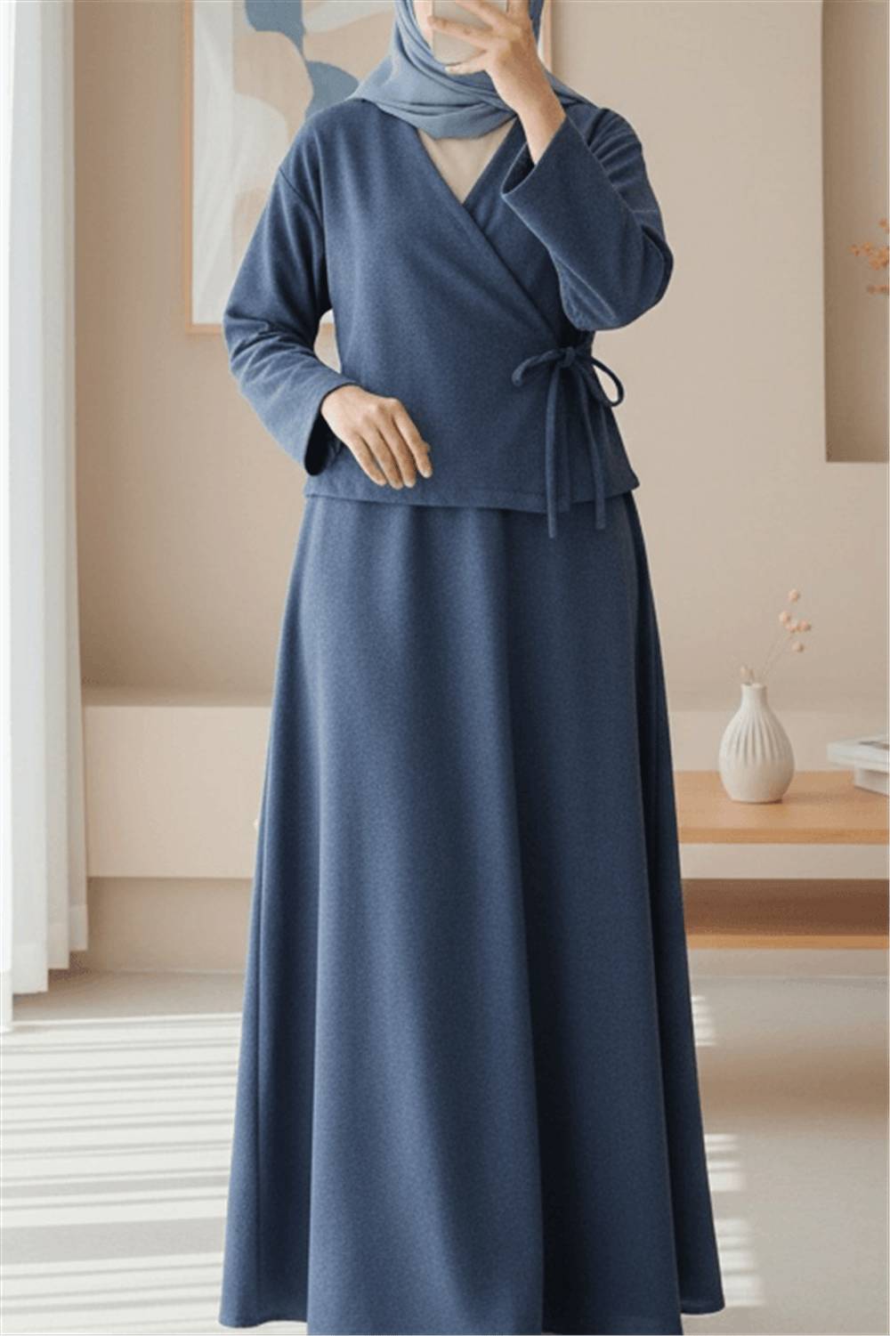 Önü Bağlamalı Etekli Kaşe Kimono Takım -İndigo-Takım-346-3078-R21