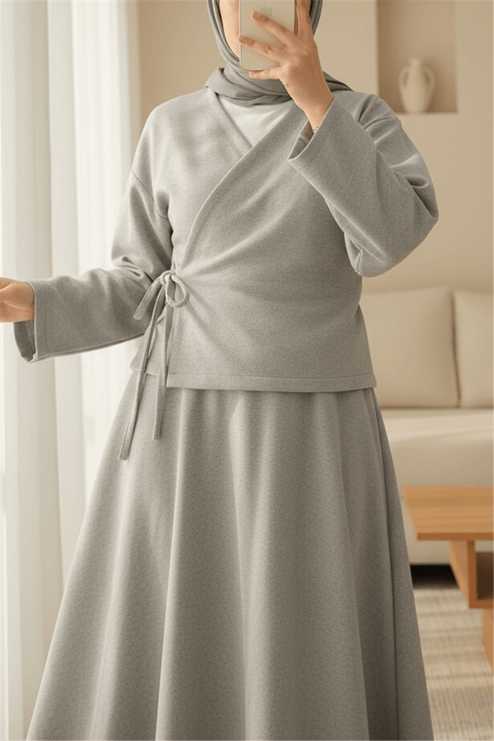 Önü Bağlamalı Etekli Kaşe Kimono Takım -Gri-Takım-346-3078-R11