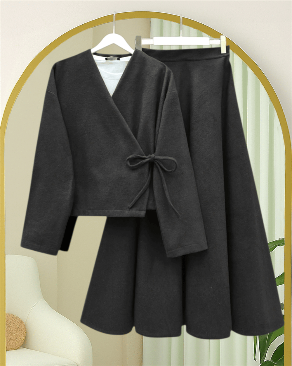 Önü Bağlamalı Etekli Kaşe Kimono Takım  -Siyah-Takım-346-3078-R01