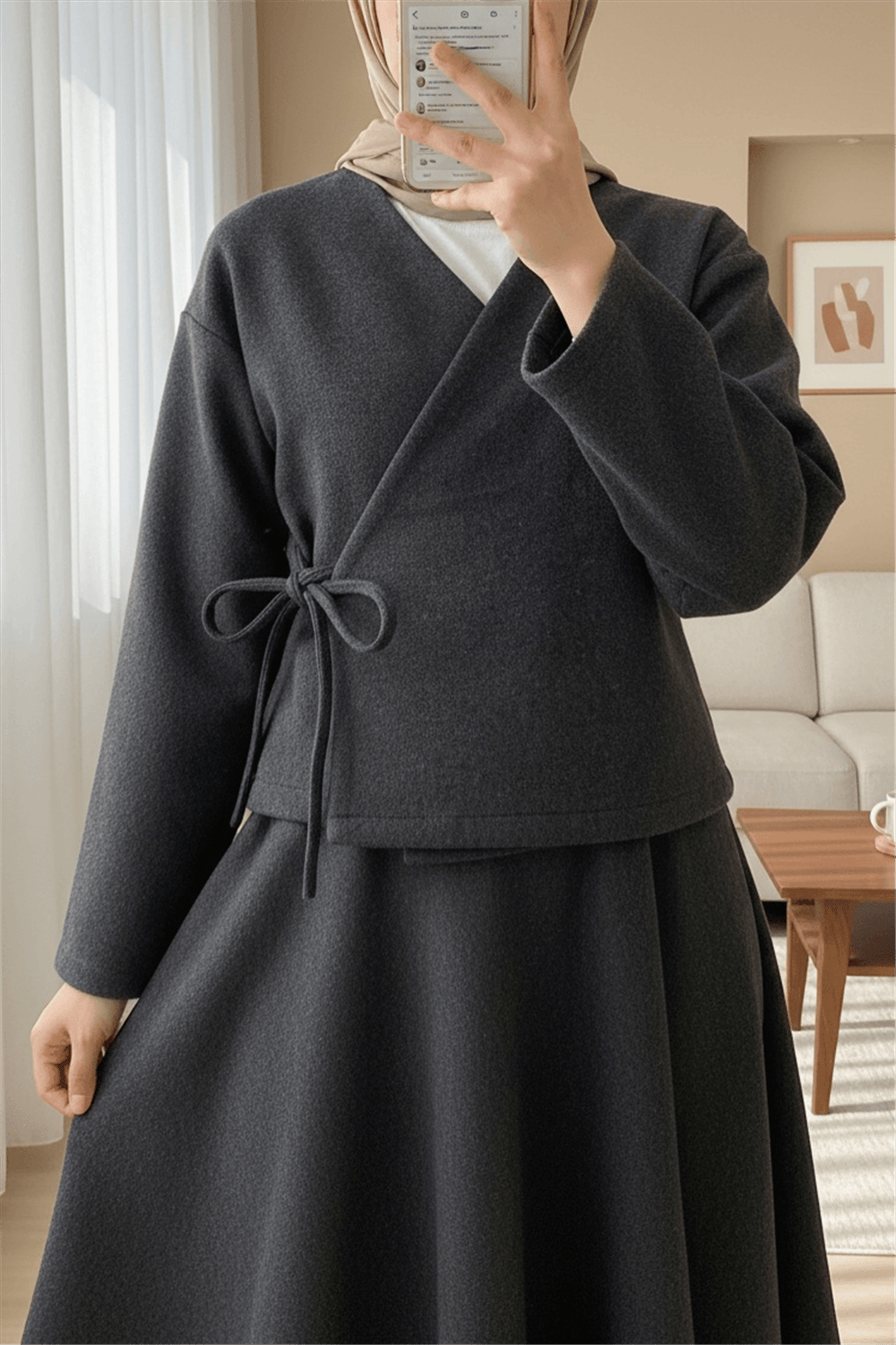 Önü Bağlamalı Etekli Kaşe Kimono Takım -Antrasit-Takım-346-3078-R64