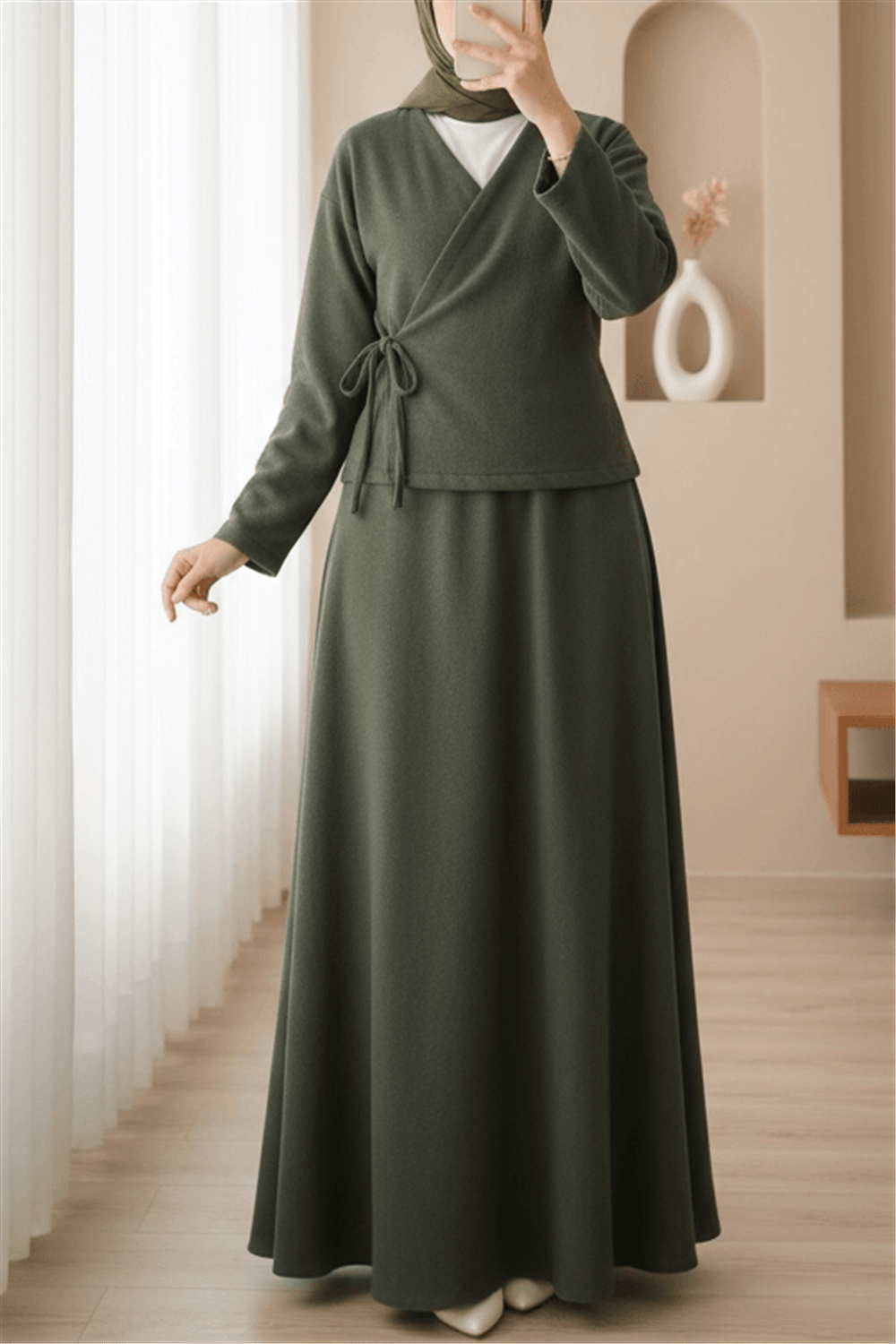 Önü Bağlamalı Etekli Kaşe Kimono Takım -Haki-Takım-346-3078-R05