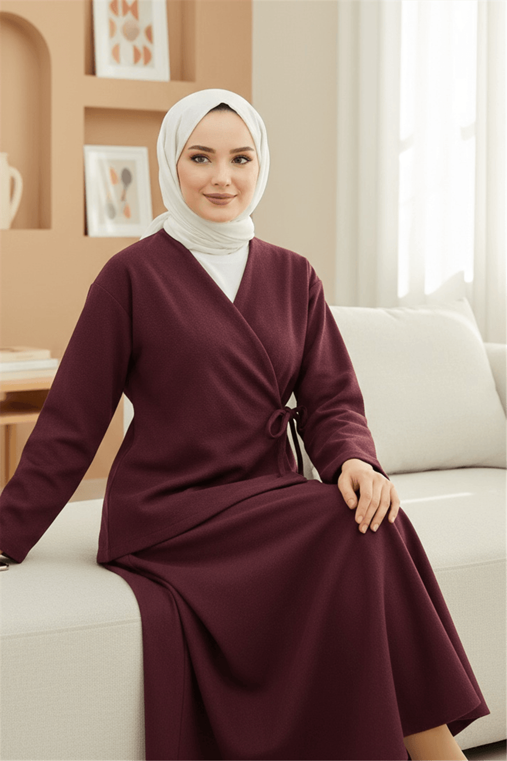 Önü Bağlamalı Etekli Kaşe Kimono Takım -Bordo-Takım-346-3078-R04