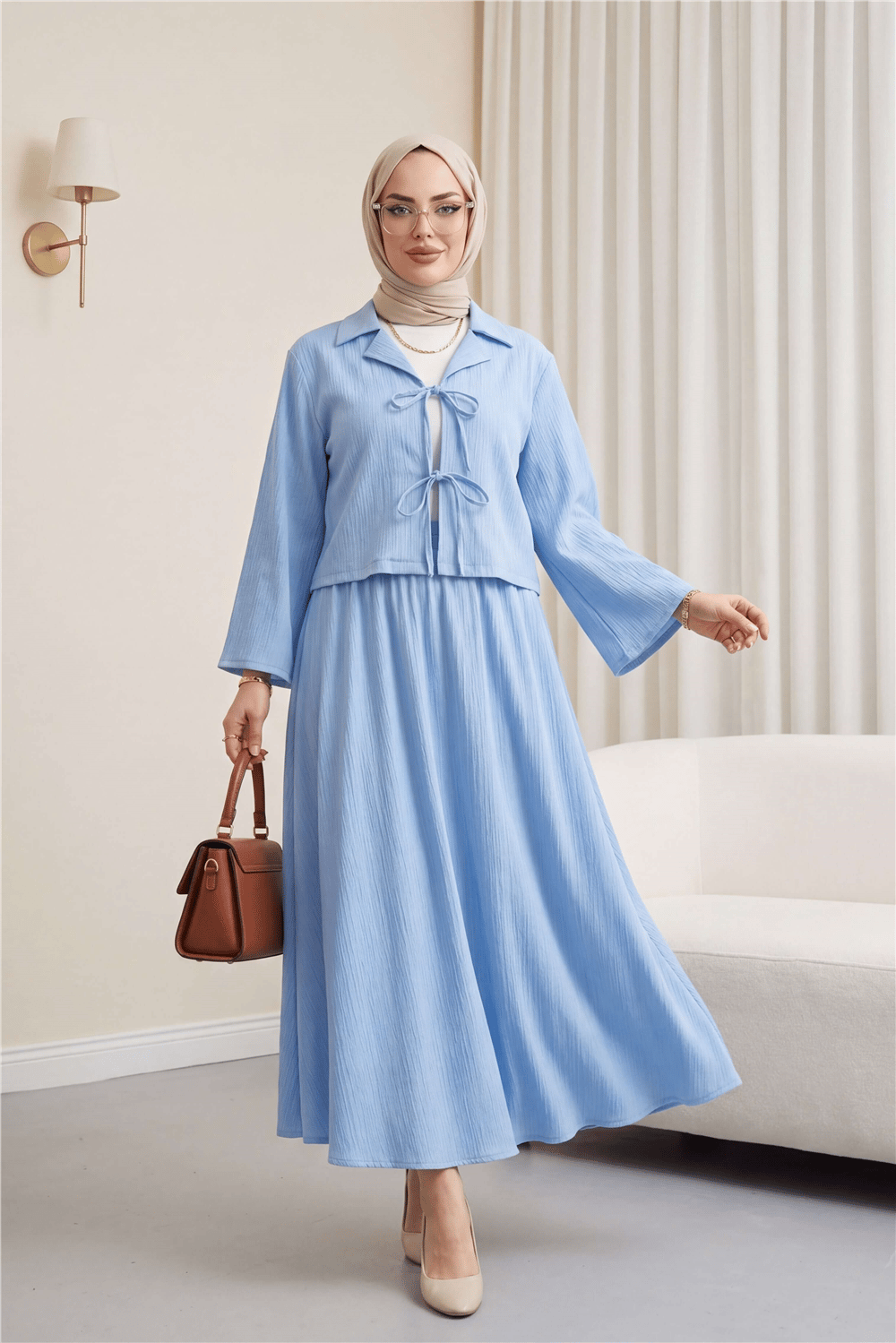 Önü Bağlamalı Etekli Krinkıl Takım   -Bebe Mavi-Takım-349-7034-R32