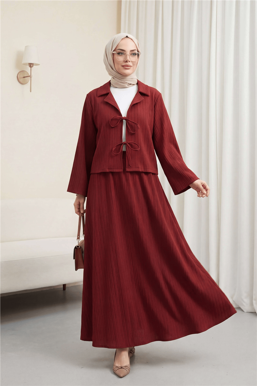 Önü Bağlamalı Etekli Krinkıl Takım  -Bordo-Takım-349-7034-R04