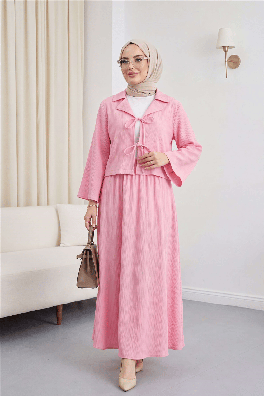 Önü Bağlamalı Etekli Krinkıl Takım   -Pembe-Takım-349-7034-R20