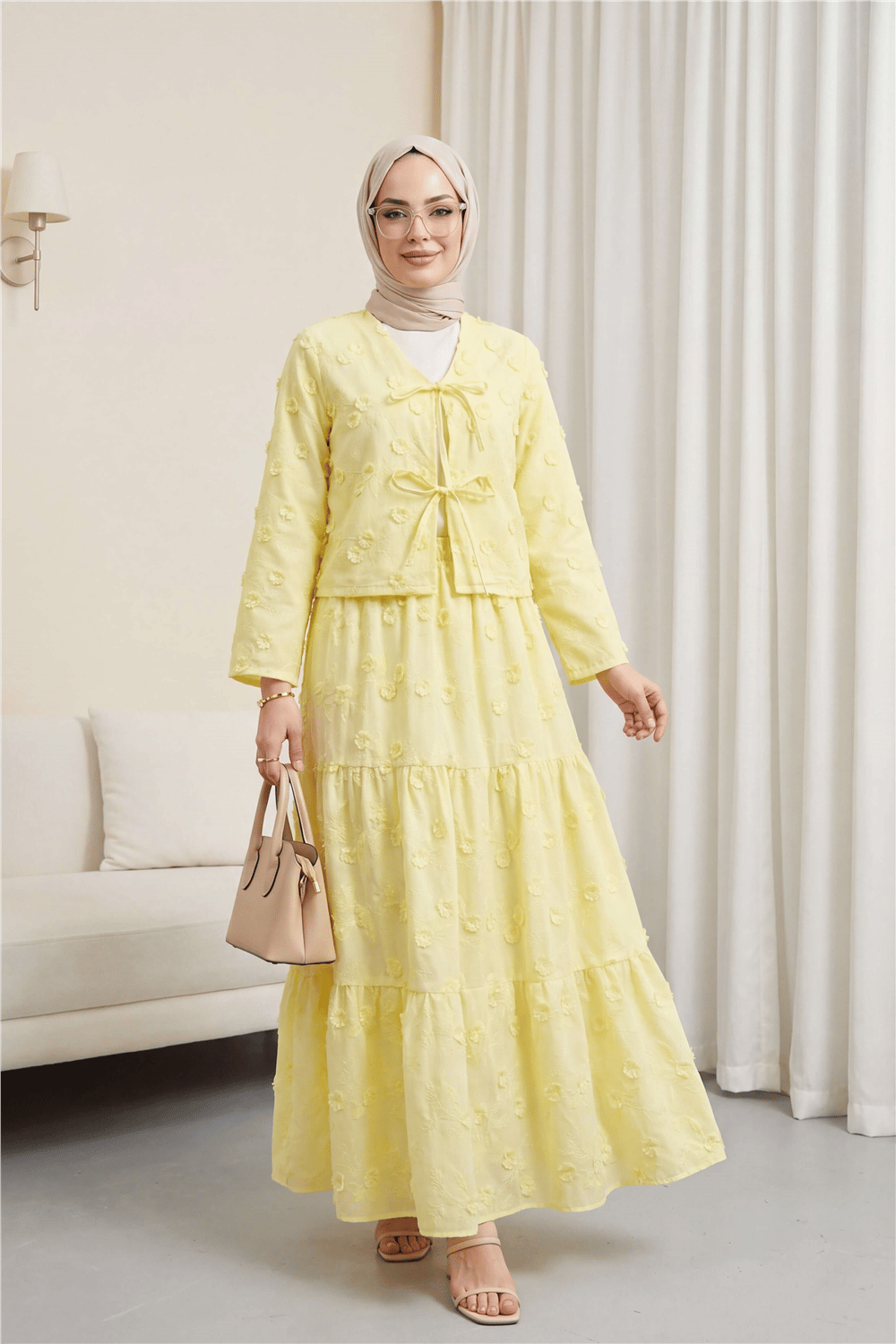 Önü Bağlamalı Kabartma Çiçek Nakışlı Eteği Astarlı Keten Kimono Takım  -Sarı-Takım-349-8089-R22