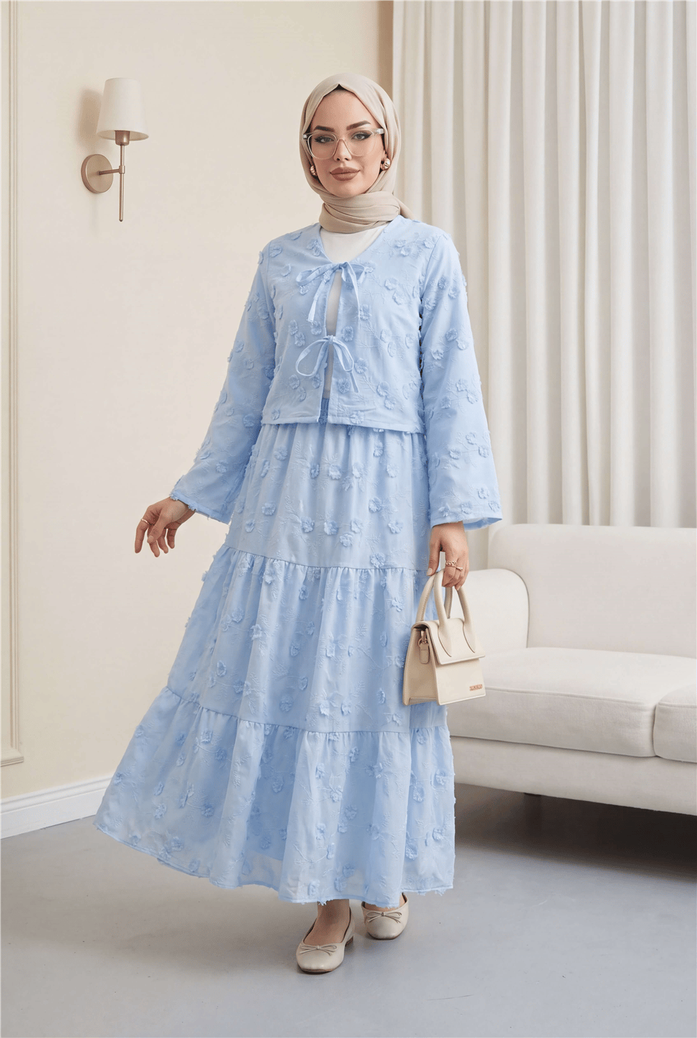 Önü Bağlamalı Kabartma Çiçek Nakışlı Eteği Astarlı Keten Kimono Takım  -Bebe Mavi-Takım-349-8089-R32