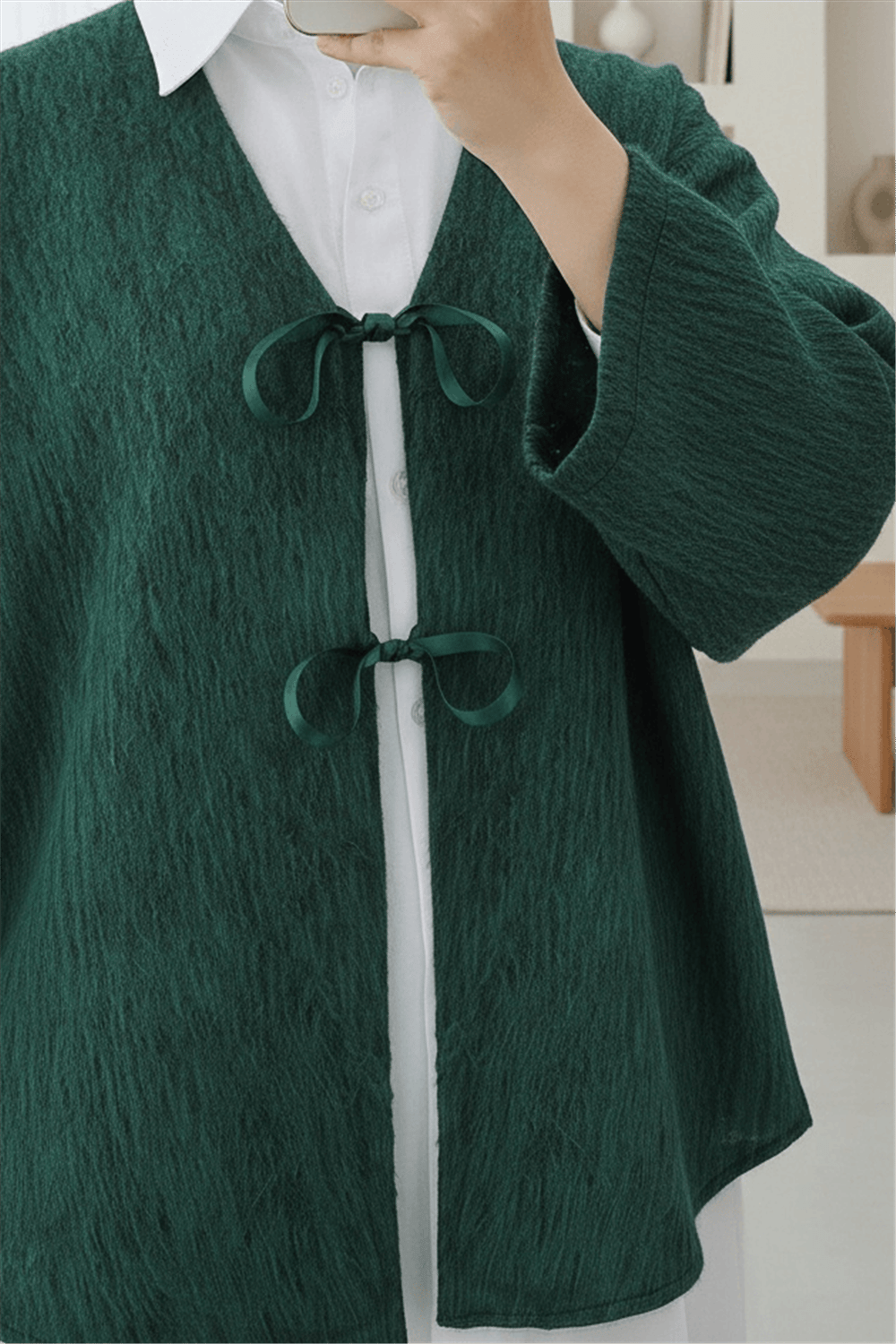 Önü Bağlamalı Kaşe Ceket -Koyu Yeşil-Ceket-346-3055-R79