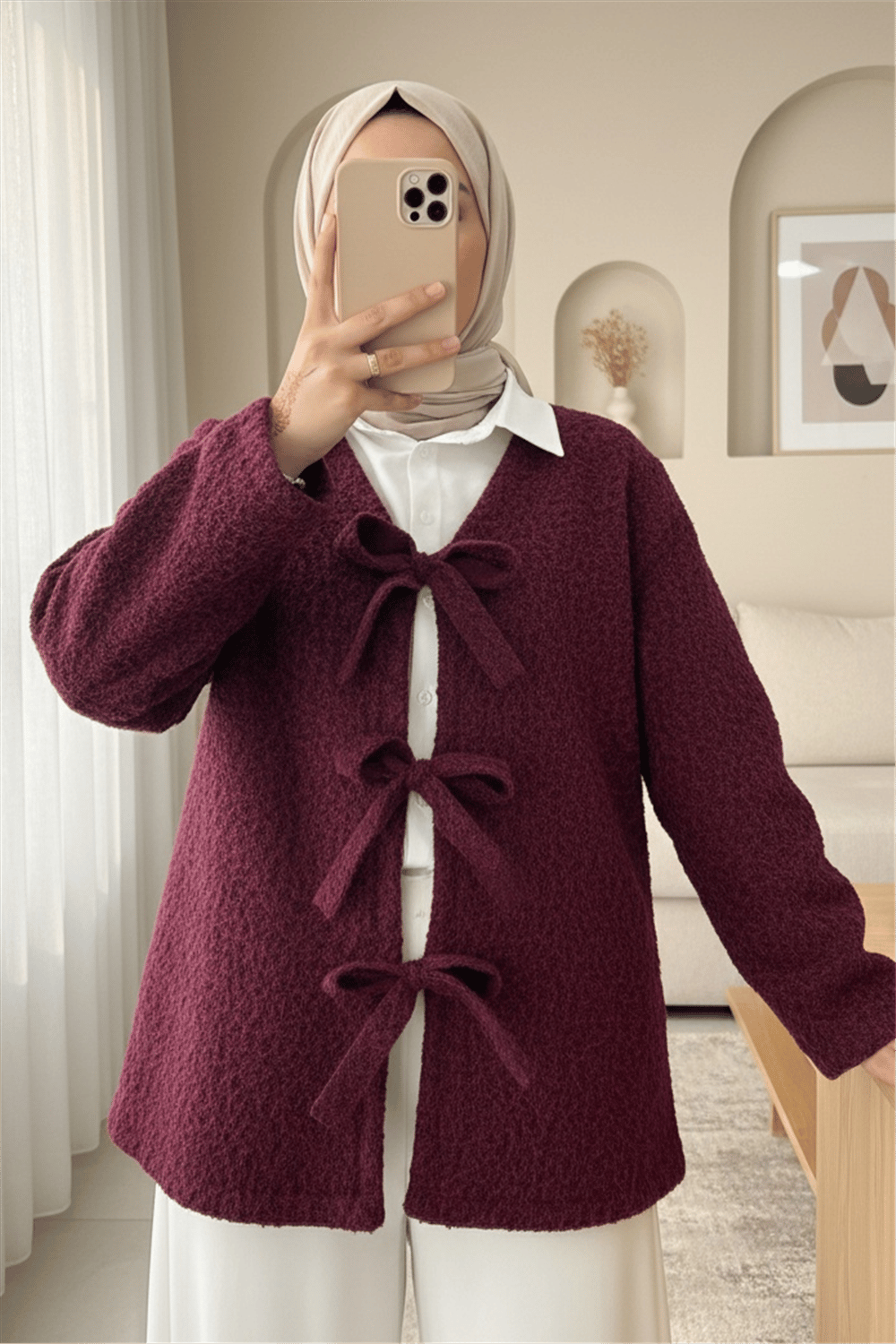 Önü Bağlamalı Kırçıllı Kaşe Ceket  -Bordo-Ceket-349-6065-R04