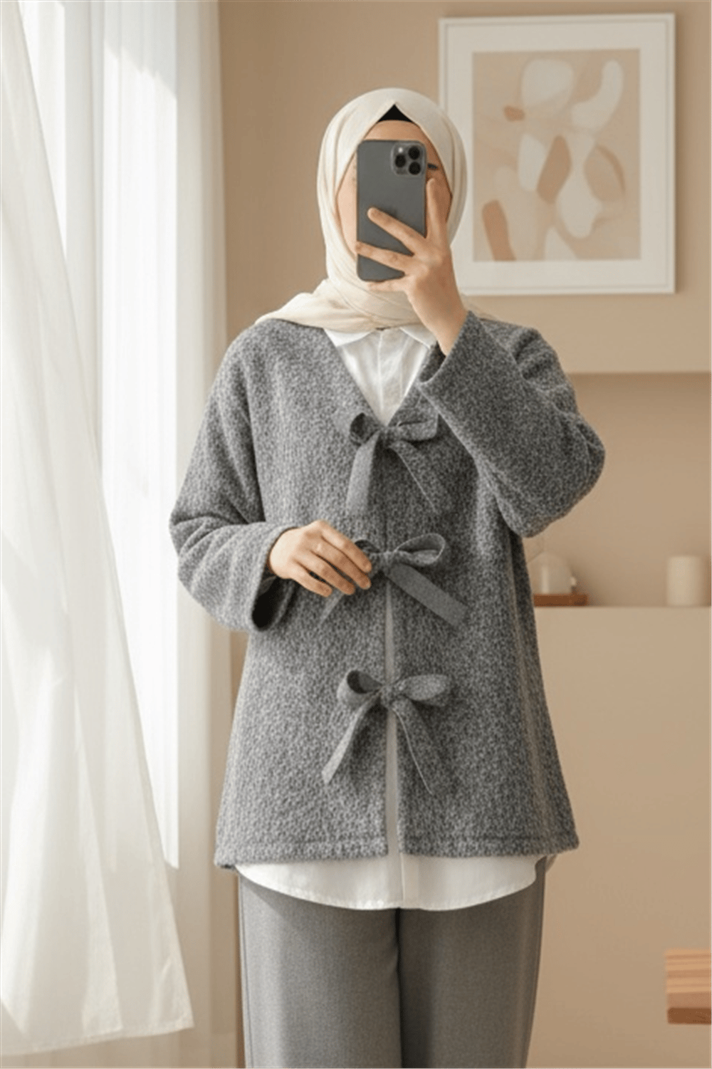 Önü Bağlamalı Kırçıllı Kaşe Ceket  -Gri-Ceket-349-6065-R11