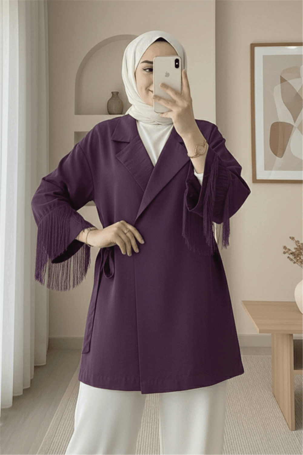 Önü Bağlamalı Kolu Püskül Detaylı Kimono Ceket -Mürdüm-Ceket-307-0004-R09