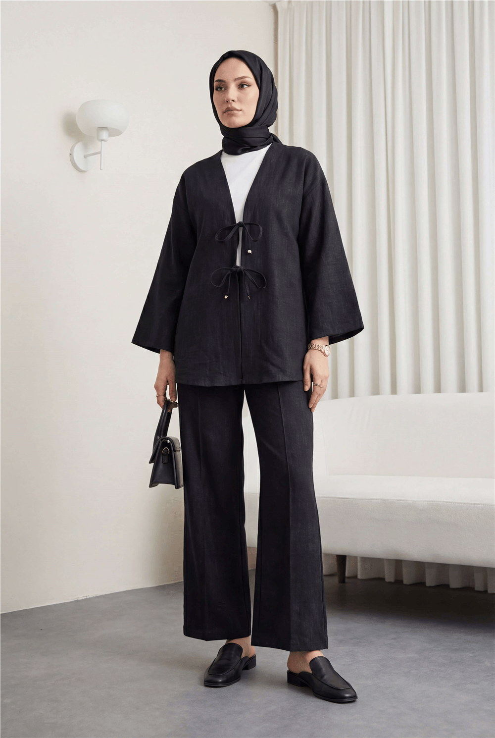 Önü Bağlamalı Pantolonlu Keten Kimono Takım  -Siyah-Takım-398-04014-R01
