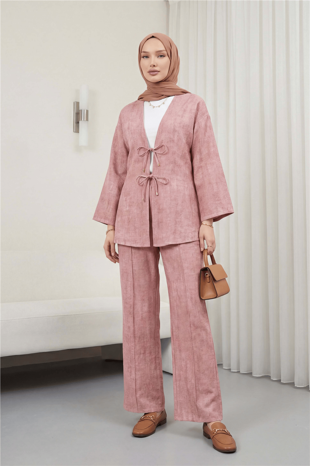 Önü Bağlamalı Pantolonlu Keten Kimono Takım  -Pudra-Takım-398-04014-R06