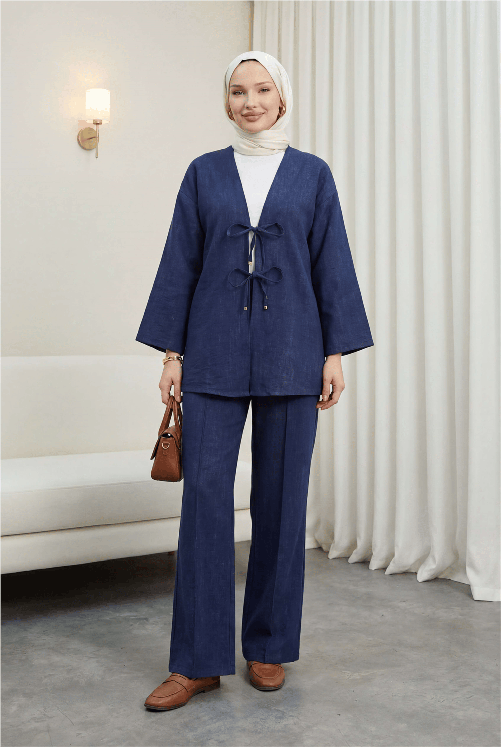 Önü Bağlamalı Pantolonlu Keten Kimono Takım  -Laci-Takım-398-04014-R03