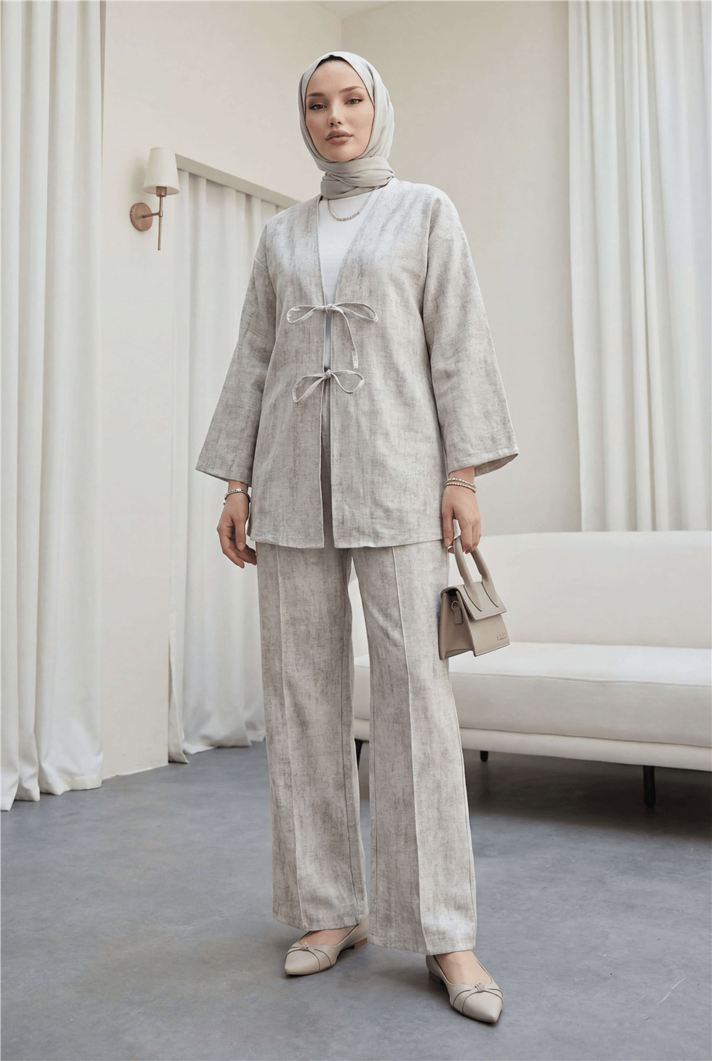 Önü Bağlamalı Pantolonlu Keten Kimono Takım  -Taş-Takım-398-04014-R43